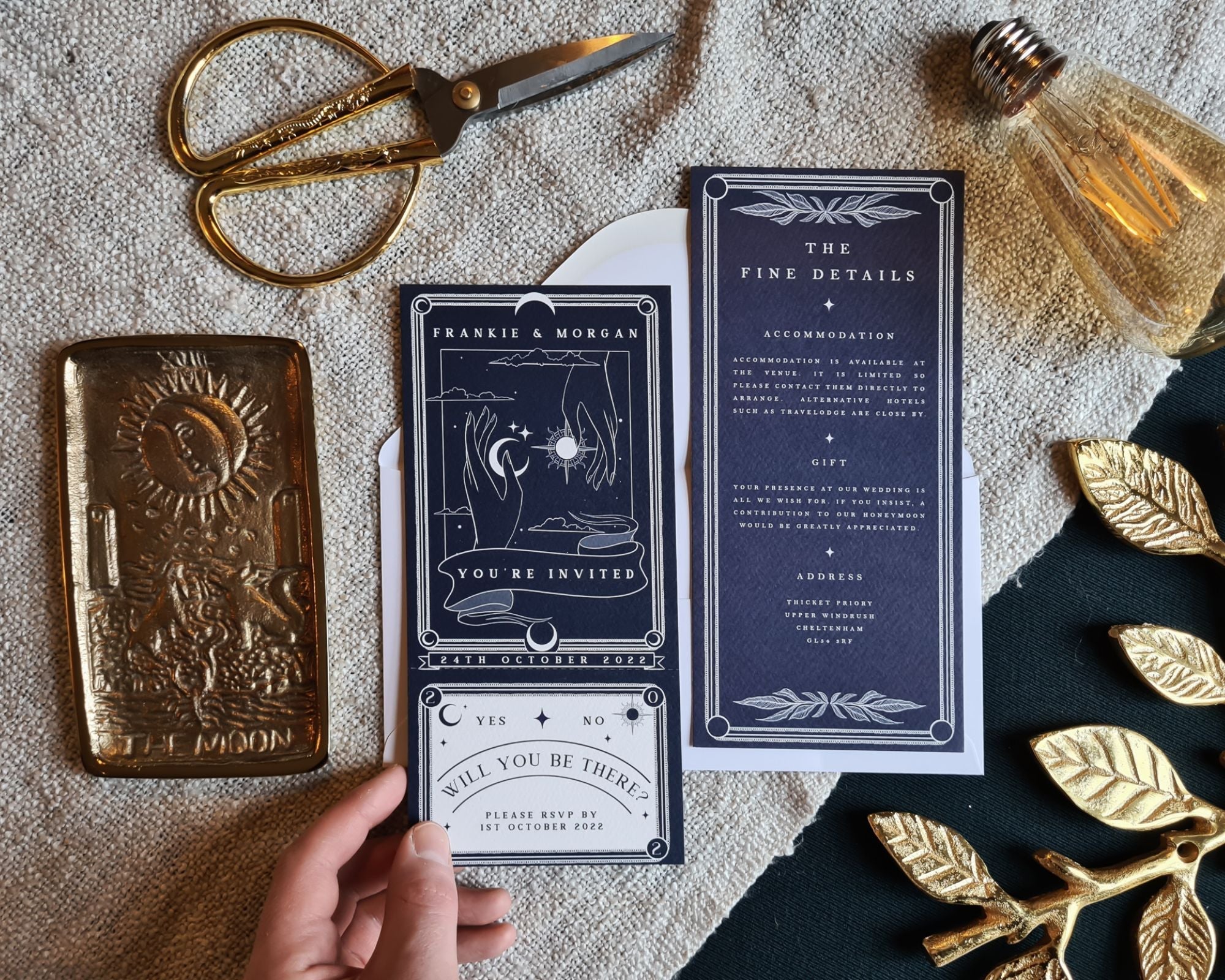Sun and Moon Tarot Full Wedding Invitation with RSVP tear-off card on premium matte paper