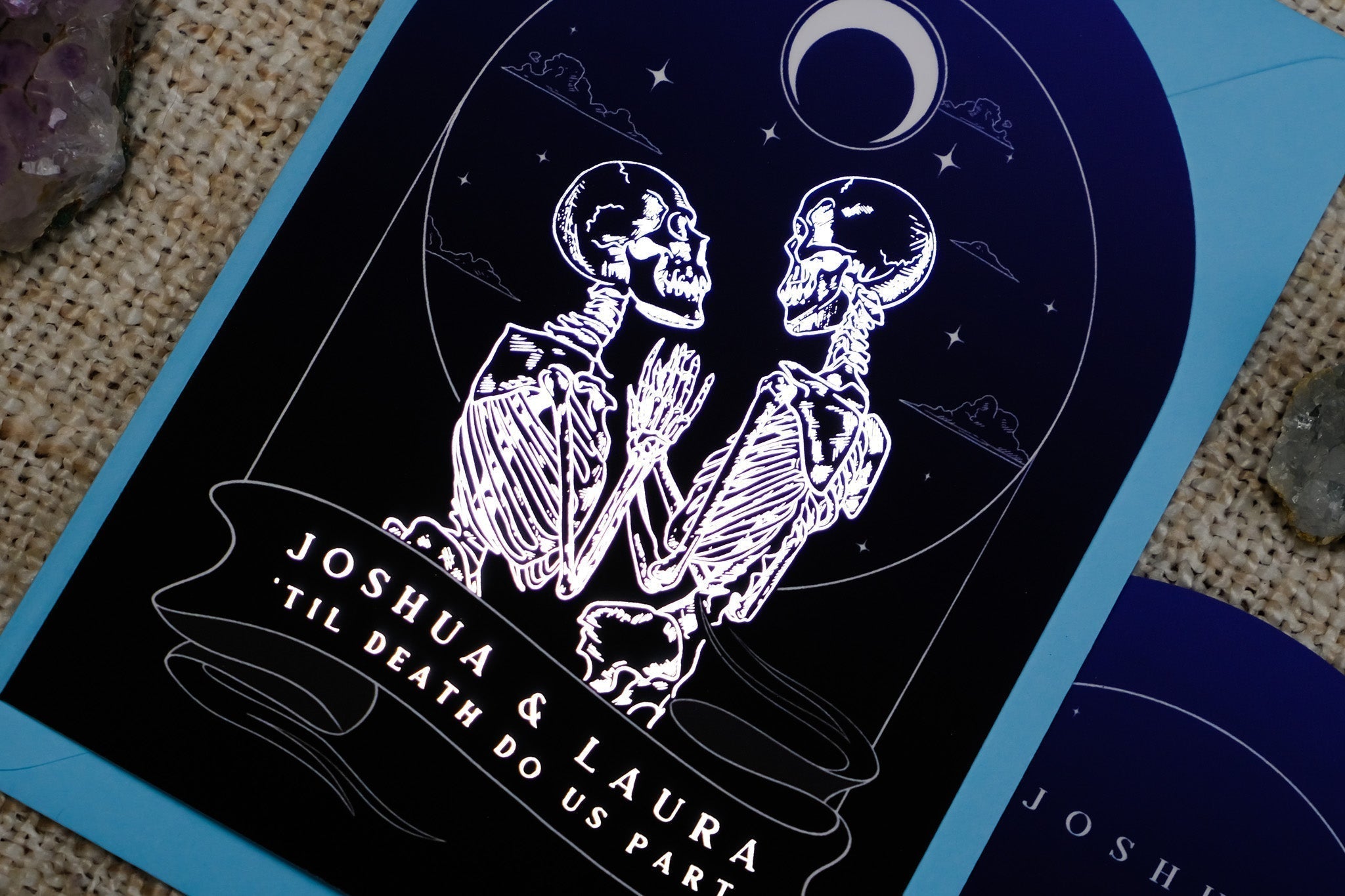 The Lovers Arched Foiled Save The Date card with skeleton couple design and luxury foil accents