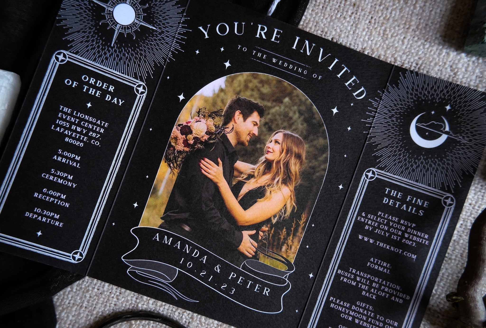 Til Death Do Us Part gatefold wedding invitation with gothic skeleton couple and custom photo interior on matte textured card