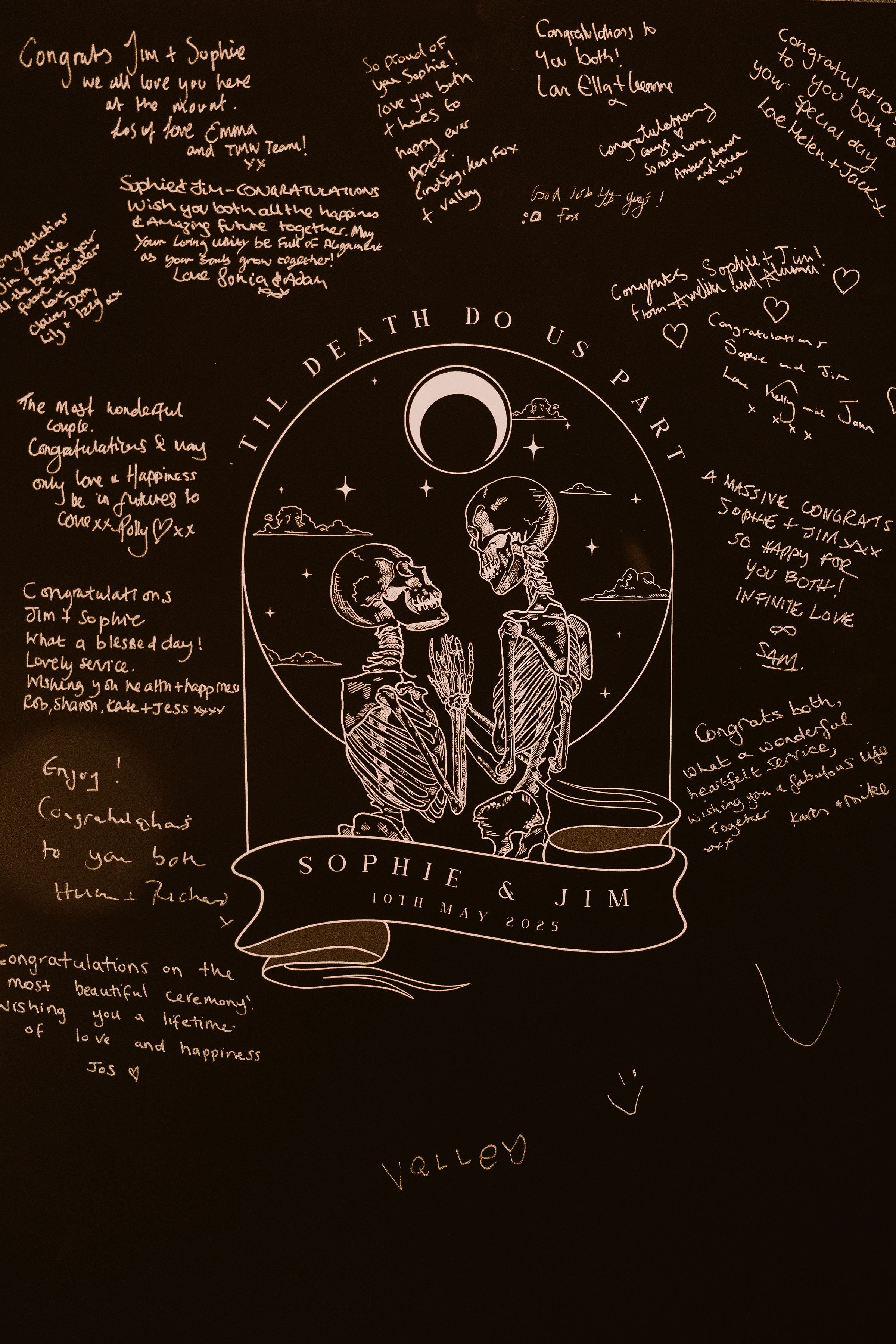 Luxury gothic-inspired wedding stationery featuring a boho blackboard design with celestial skeletal artwork under a crescent moon.