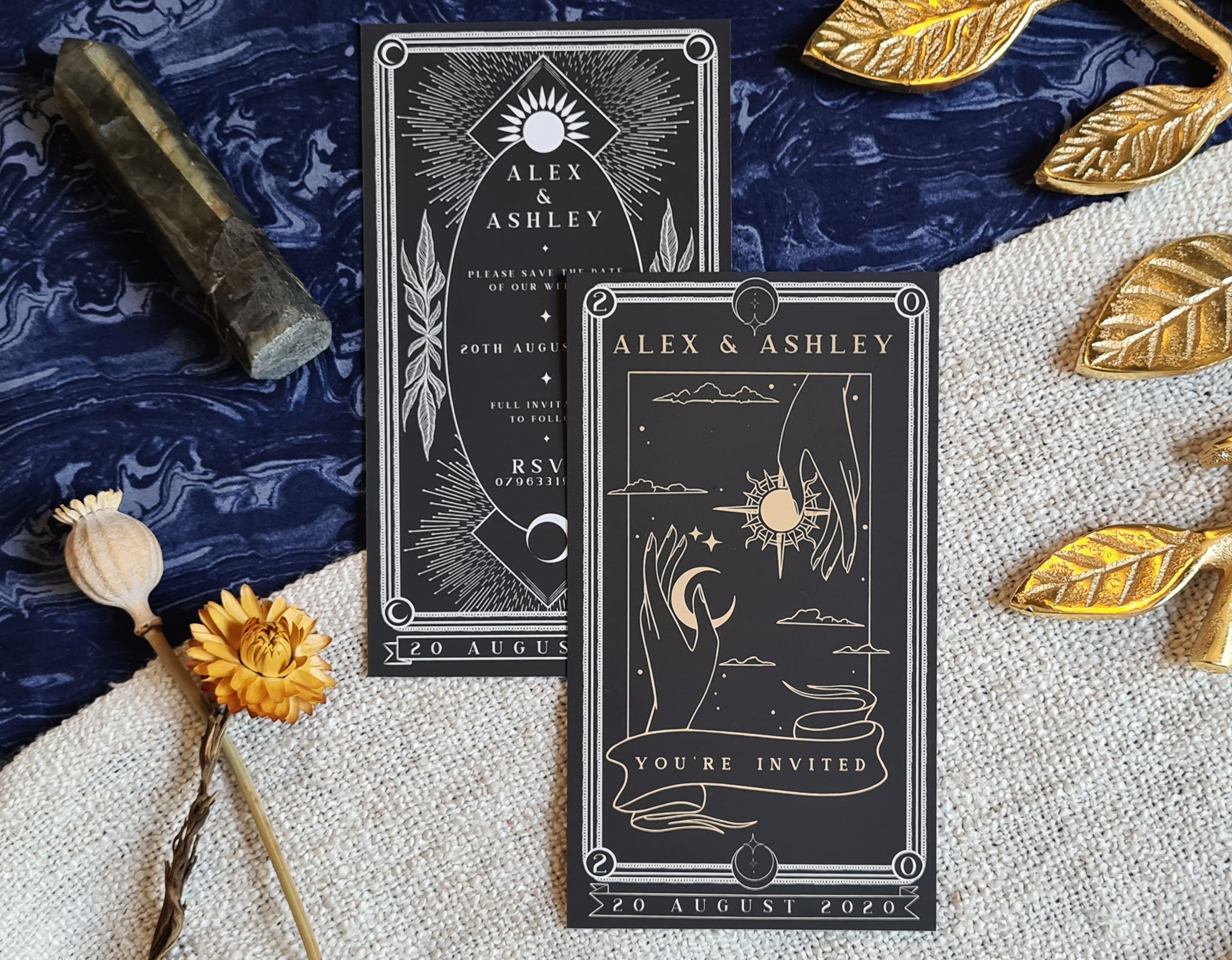 'Sun & Moon' foiled tarot card save the date with celestial design, customizable colors, includes white envelopes.