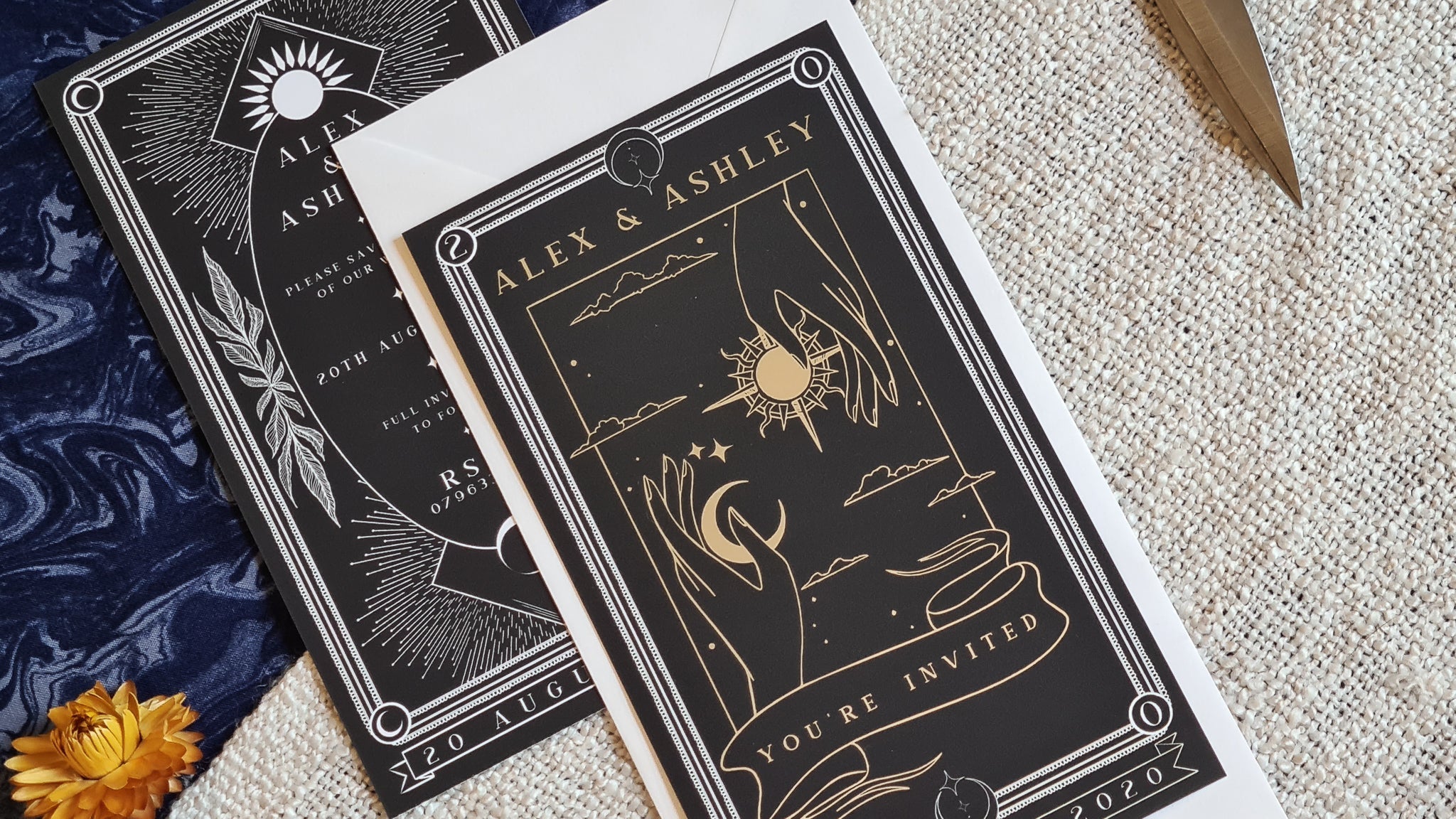 "Sun & Moon" Foiled Tarot Card Save The Date with customizable colors, white envelopes, 99x180 mm size, 280 GSM velvet soft card.