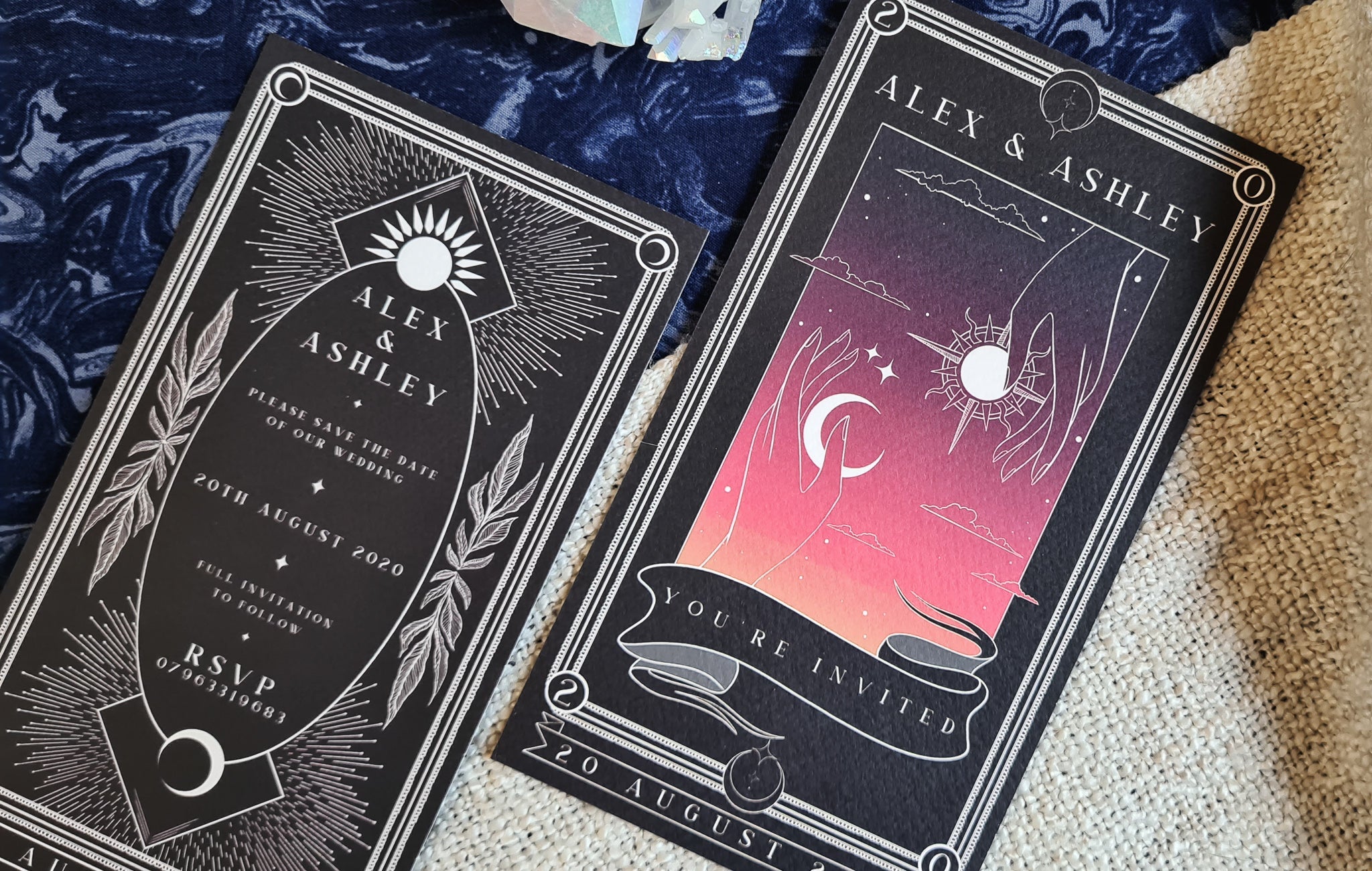 'Sun & Moon' Tarot Save The Date cards with customizable colors, featuring 280 GSM matte card and white envelopes.