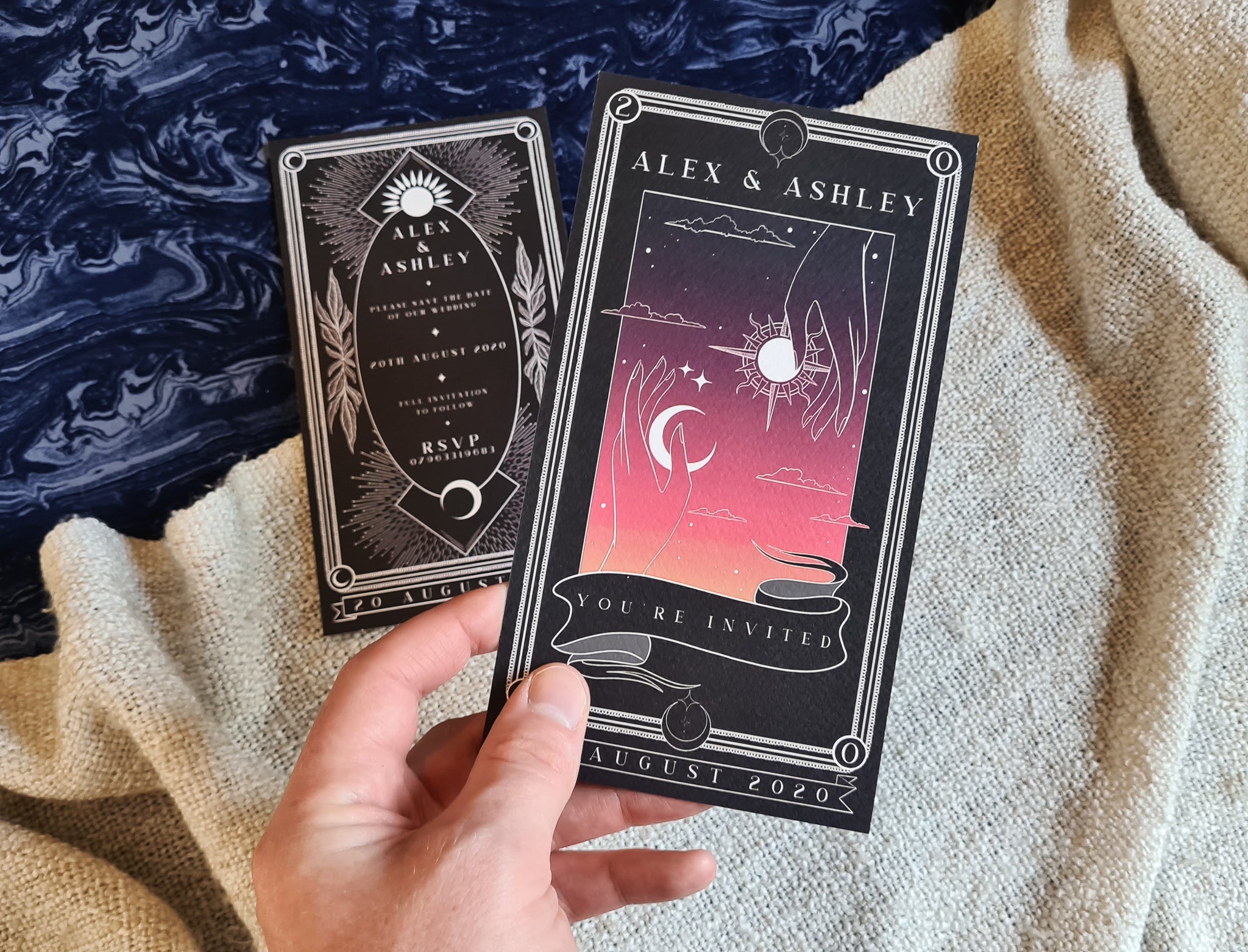 "Sun & Moon" Tarot Save The Date Card with sunset gradient design, featuring white envelopes and 280 GSM matte card.