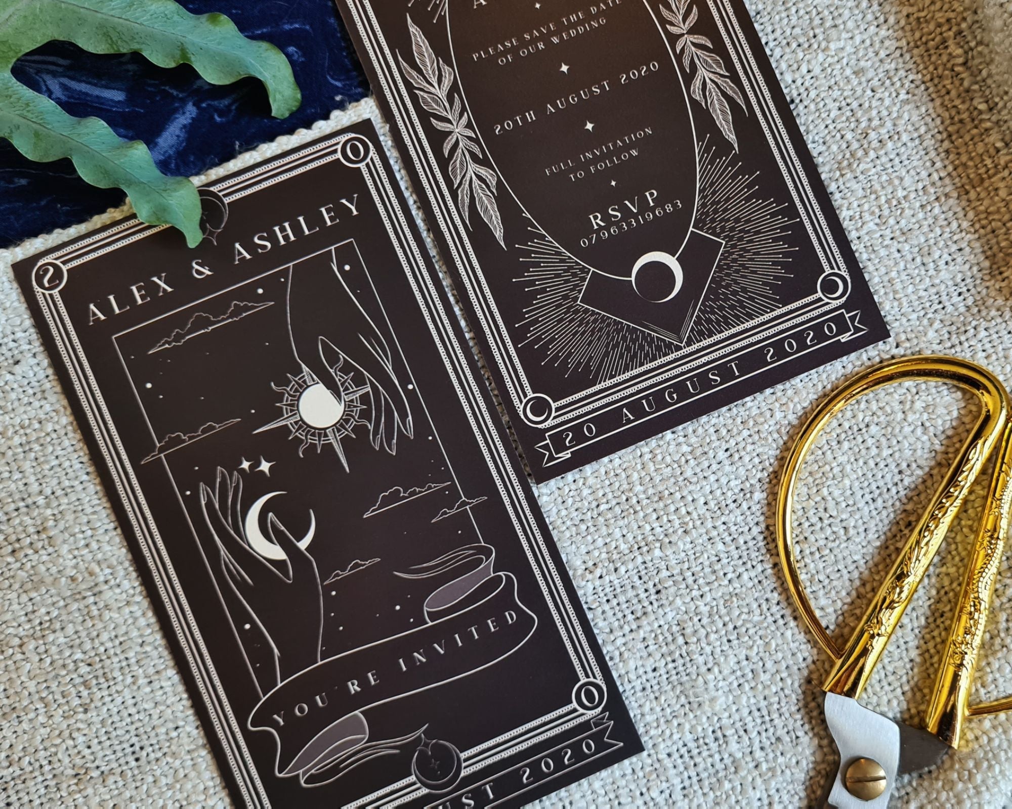'Sun & Moon' Tarot Save The Date cards with celestial design and white envelopes, customizable colors, 280 GSM matte card.