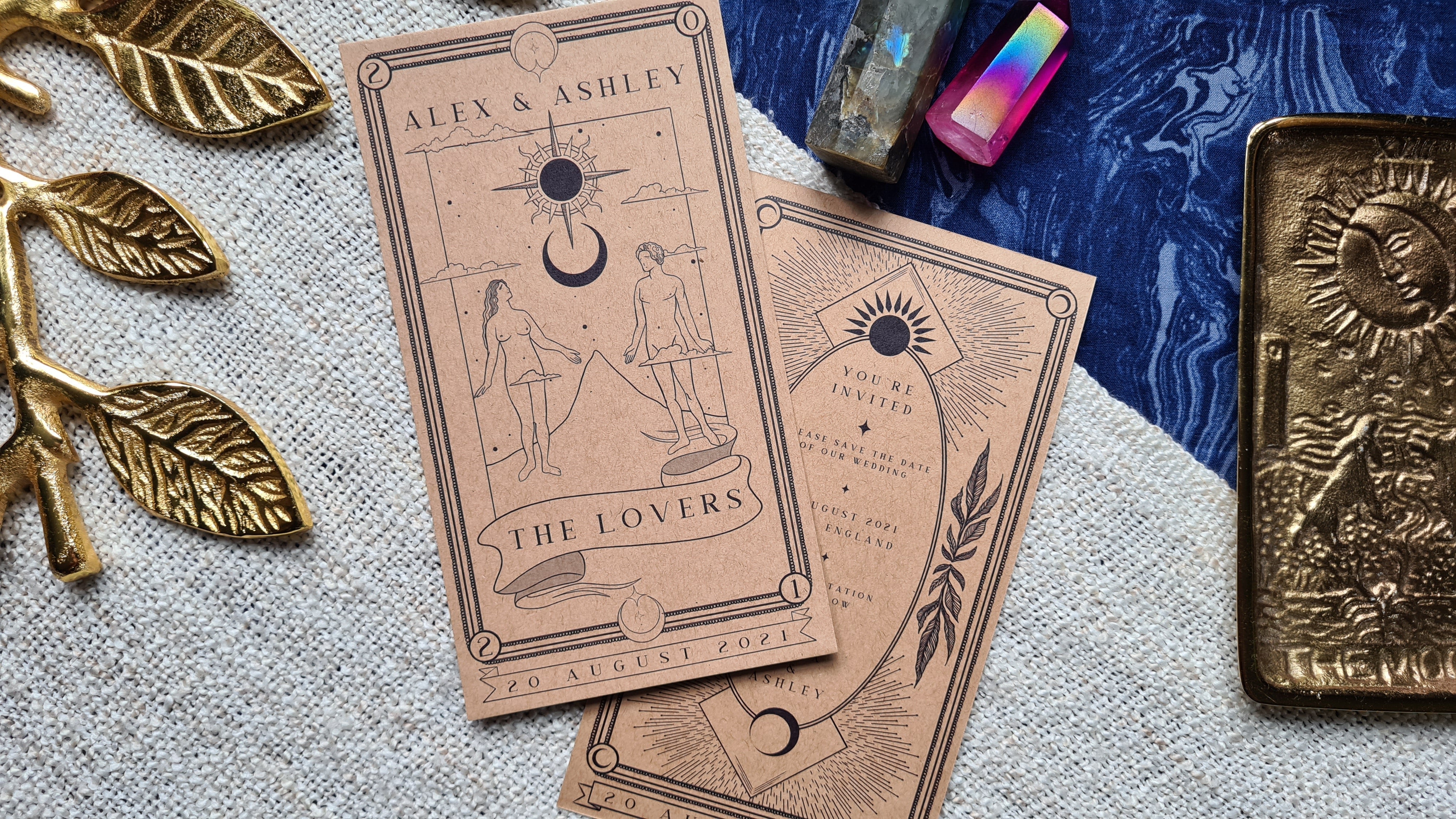 Lovers' Tarot Save The Date Card with 'The Lovers' design and customizable colors.