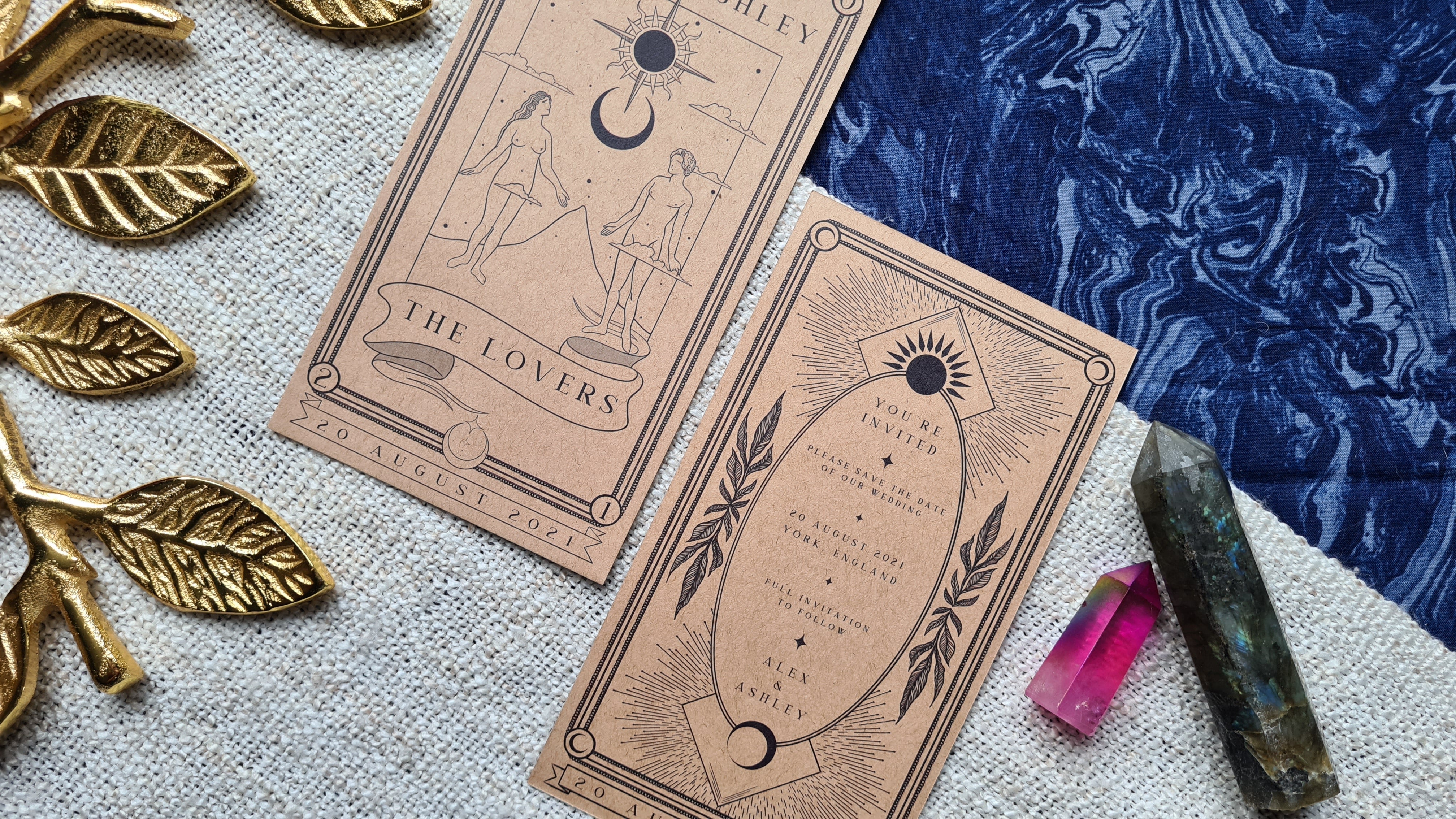 Lovers' Tarot Save The Date Card with vintage design, featuring 'The Lovers' theme, custom colors available.
