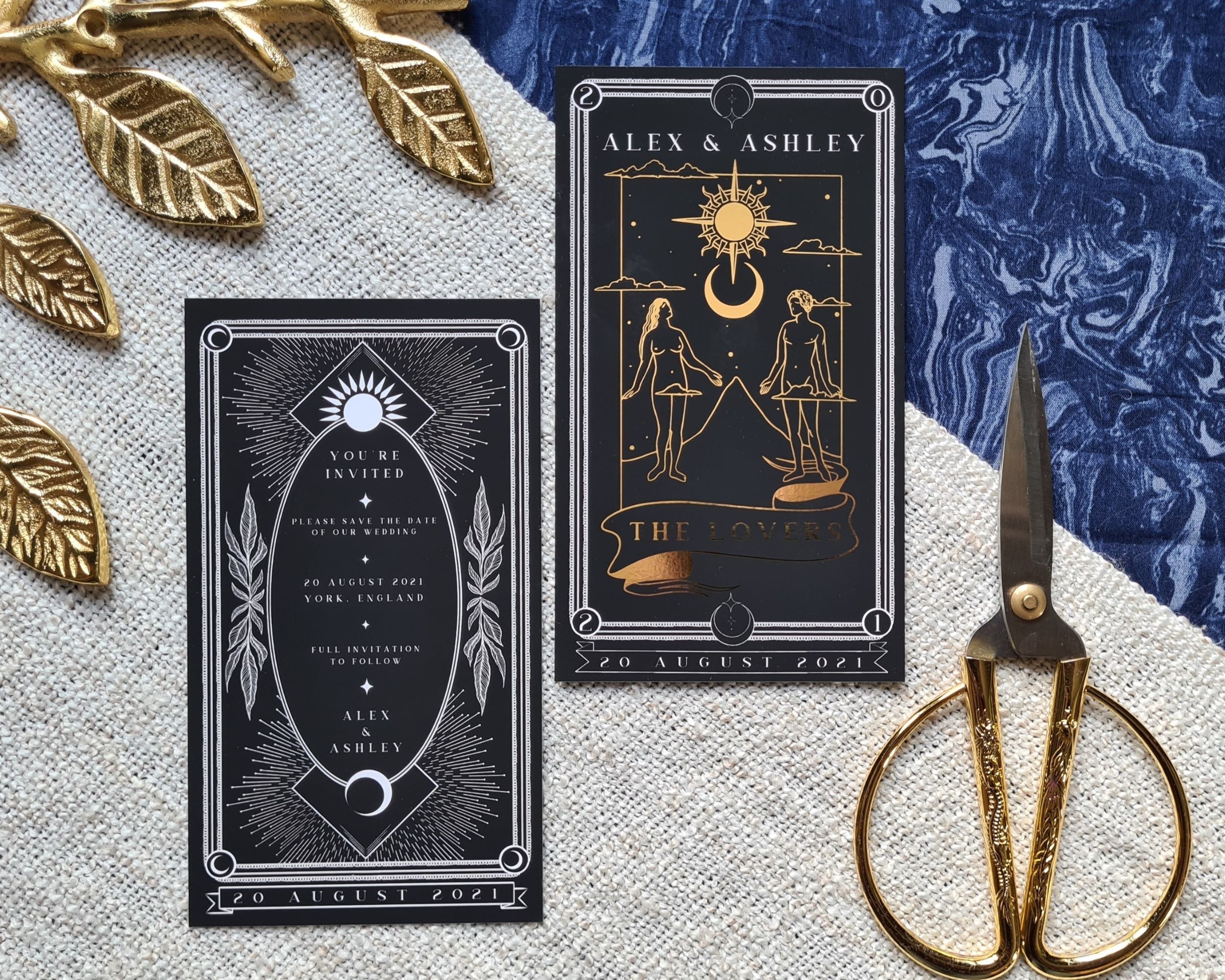 Lovers' Foiled Save The Date Card with tarot-inspired design, featuring luxurious gold detailing and custom options.