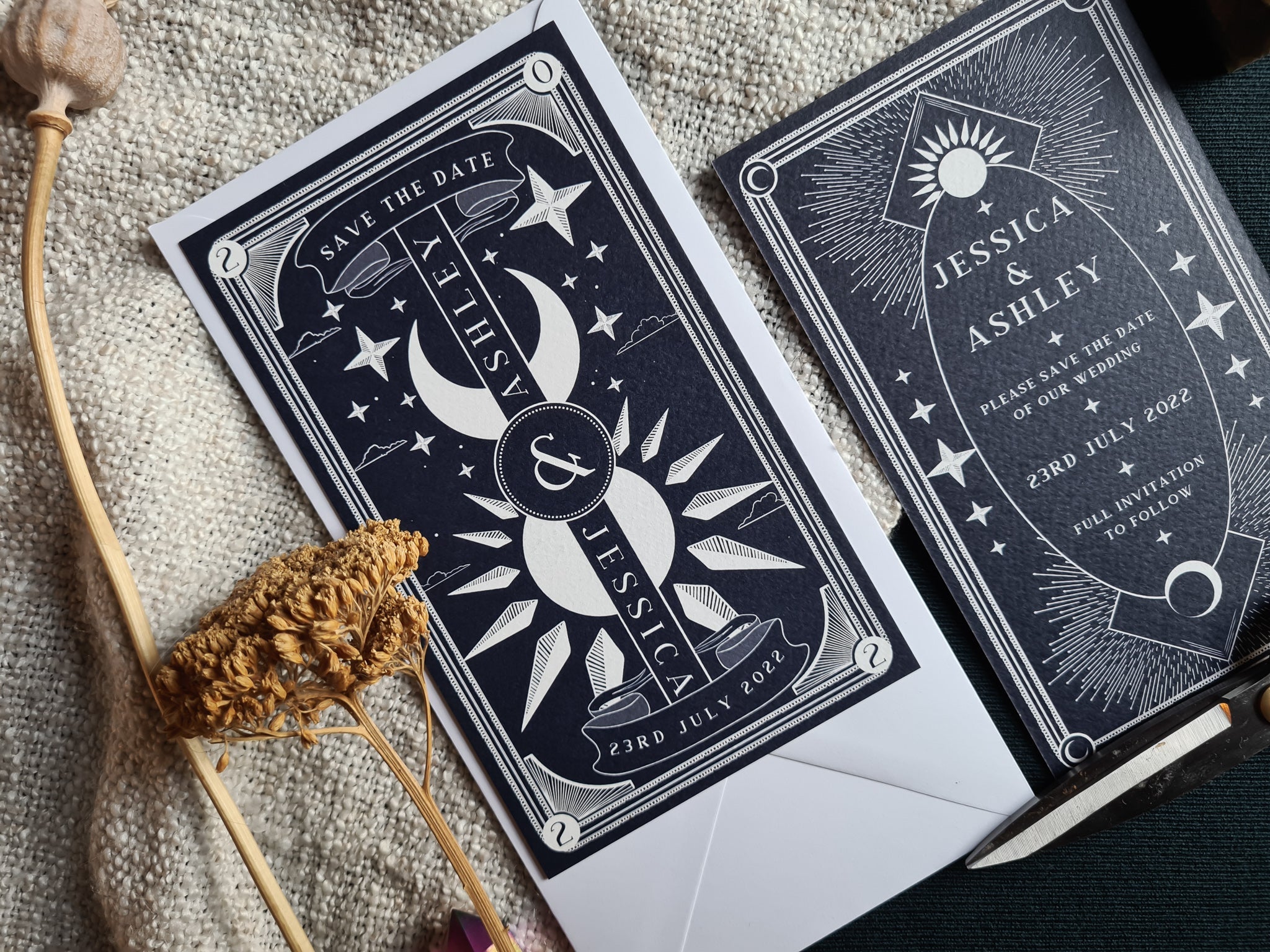 'Dusk & Dawn' Tarot Save The Date card with celestial design and white envelope.