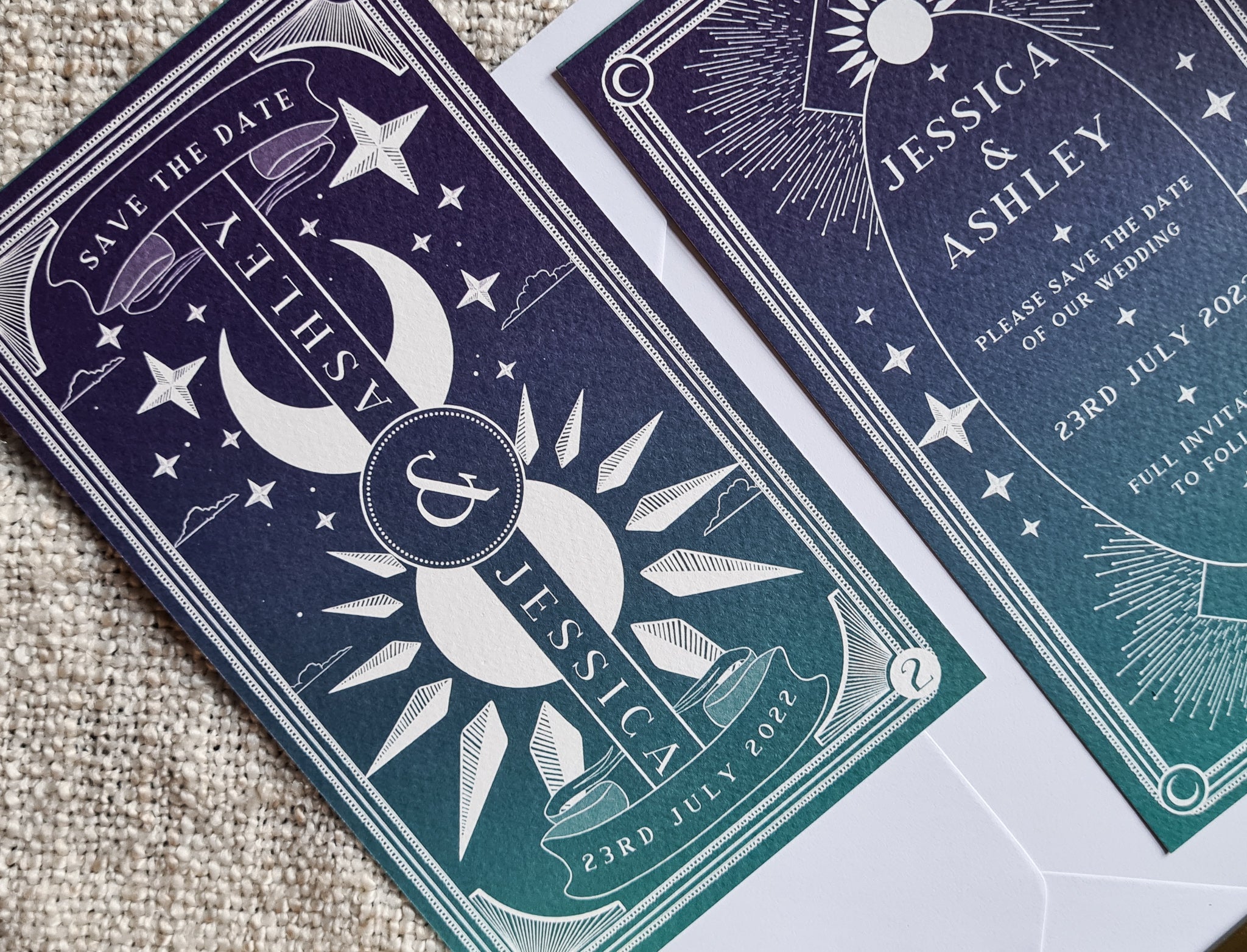 "Dusk & Dawn" Tarot Save The Date Card with white envelopes, customizable colors, and 280 GSM matte finish.