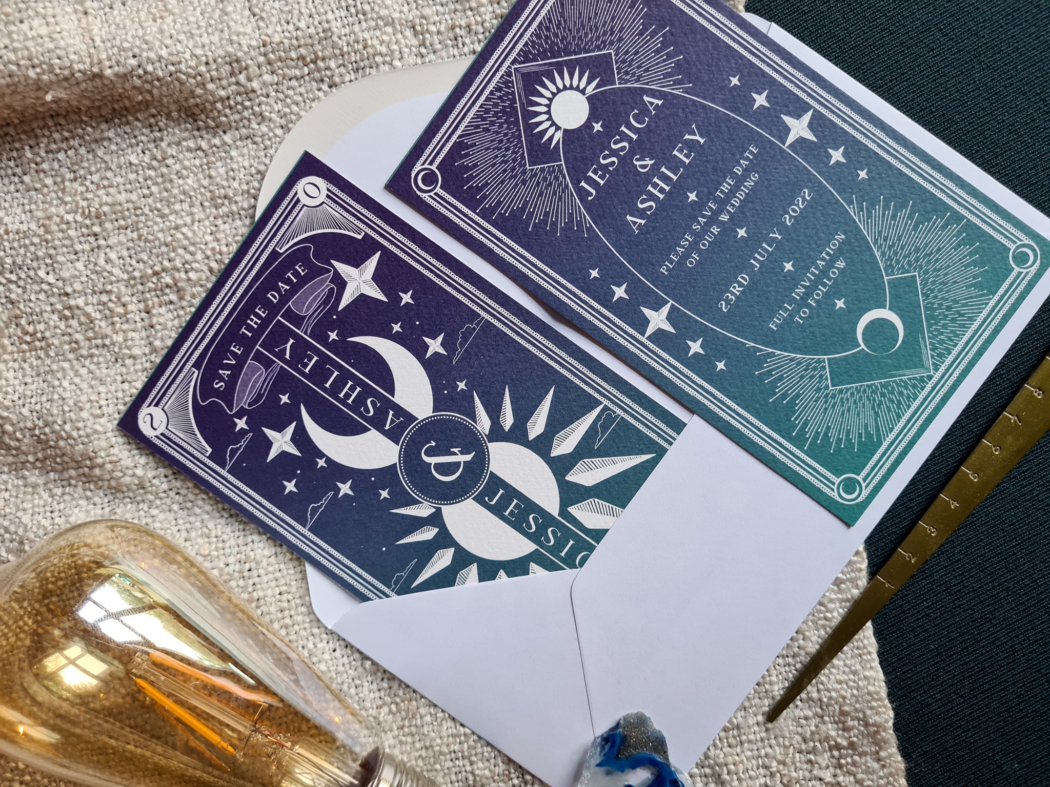 "Dusk & Dawn" Tarot Save The Date Cards with white envelopes and customizable color options.