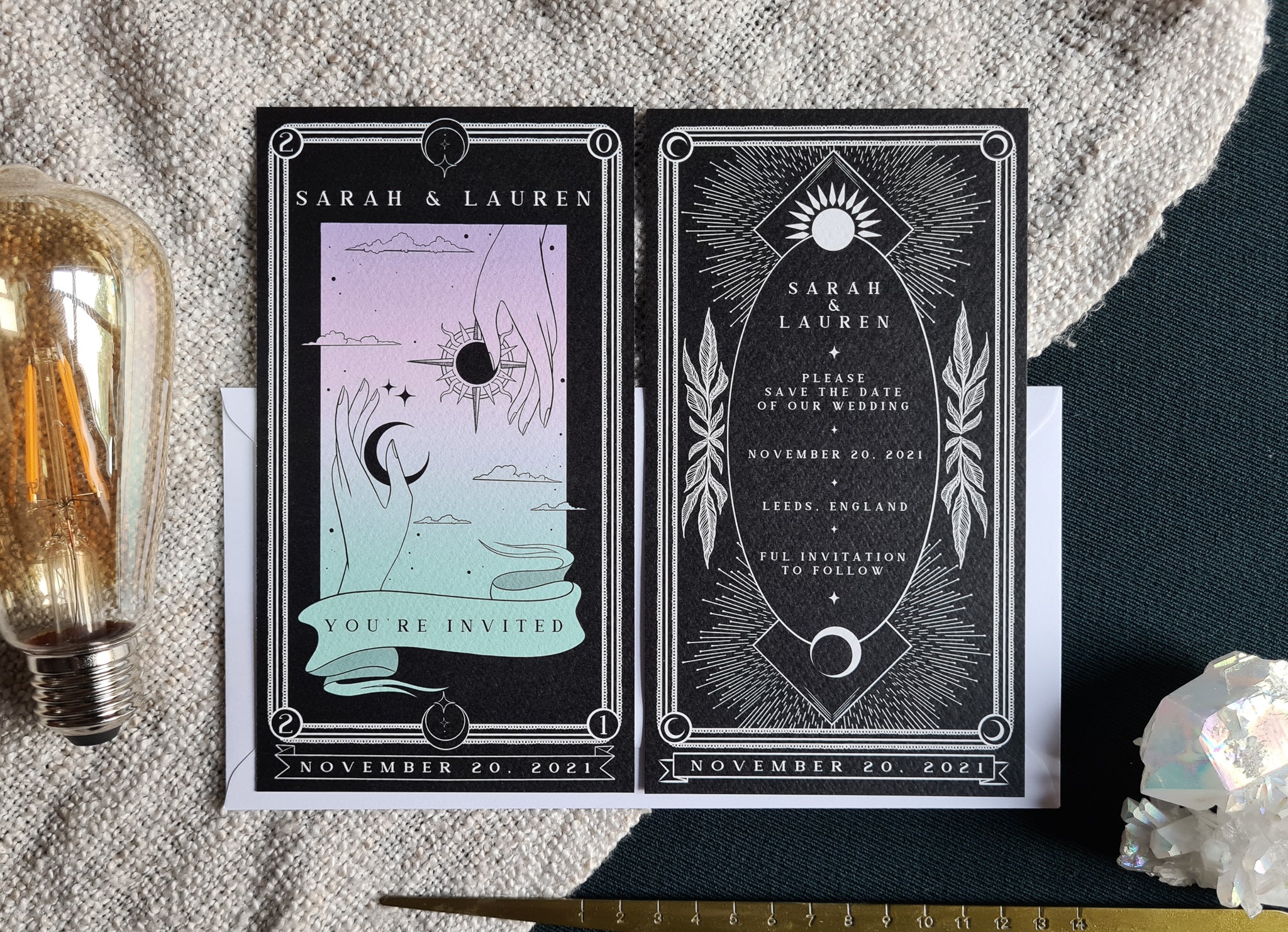 'Sun & Moon' Tarot Save The Date Card with white envelopes, customizable colors, 99 x 180 mm size, 280 GSM matte finish.