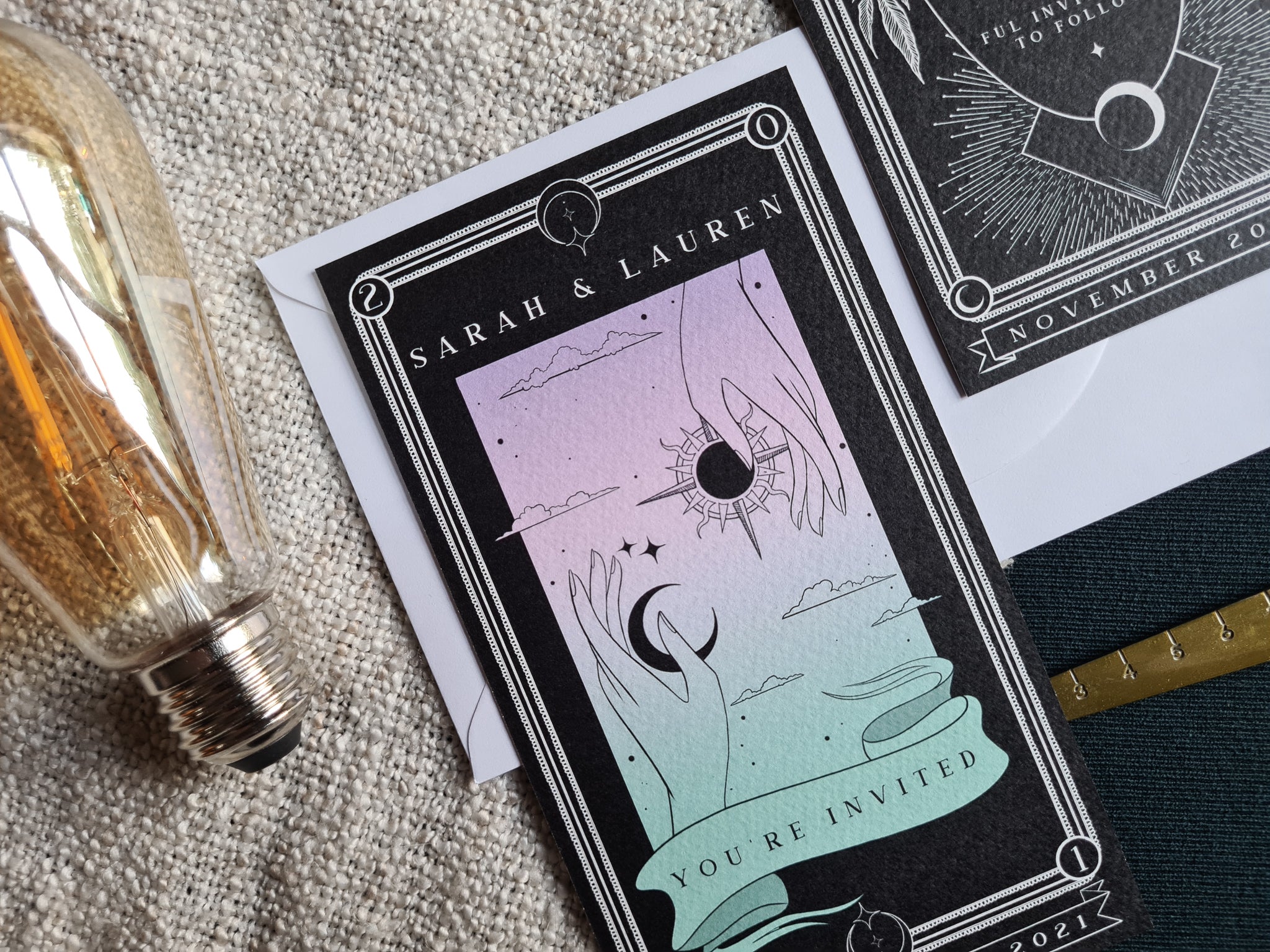 'Sun & Moon' Tarot Save The Date Card with customizable gradient design, featuring white envelopes and 280 GSM matte card, size 99 × 180 mm.