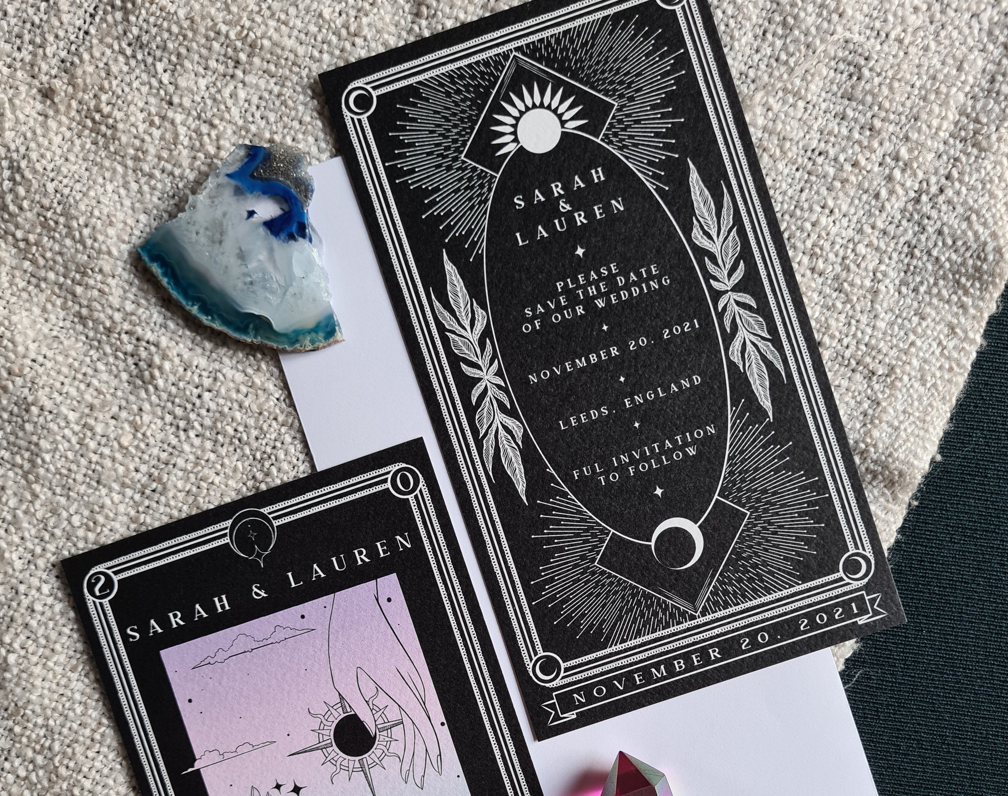 'Sun & Moon' Tarot Save the Date Cards with white envelopes, customizable colors, and 280 GSM matte card.