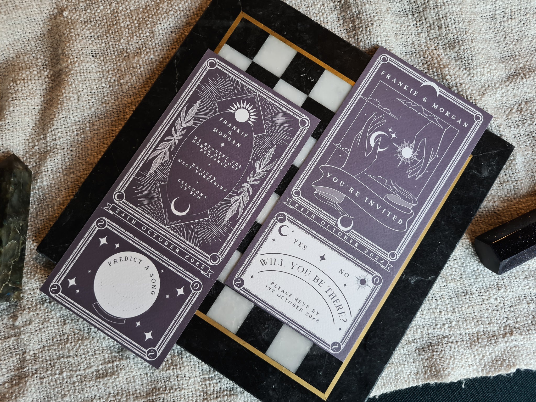 'Sun & Moon' Tarot Full Invitation with RSVP featuring customizable colors and perforated RSVP card.