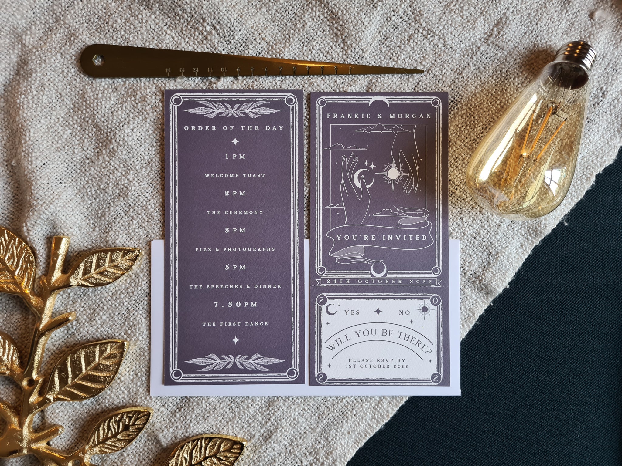 'Sun & Moon' Tarot Full Invitation with RSVP on taupe fabric, includes perforated RSVP card and decorative elements.