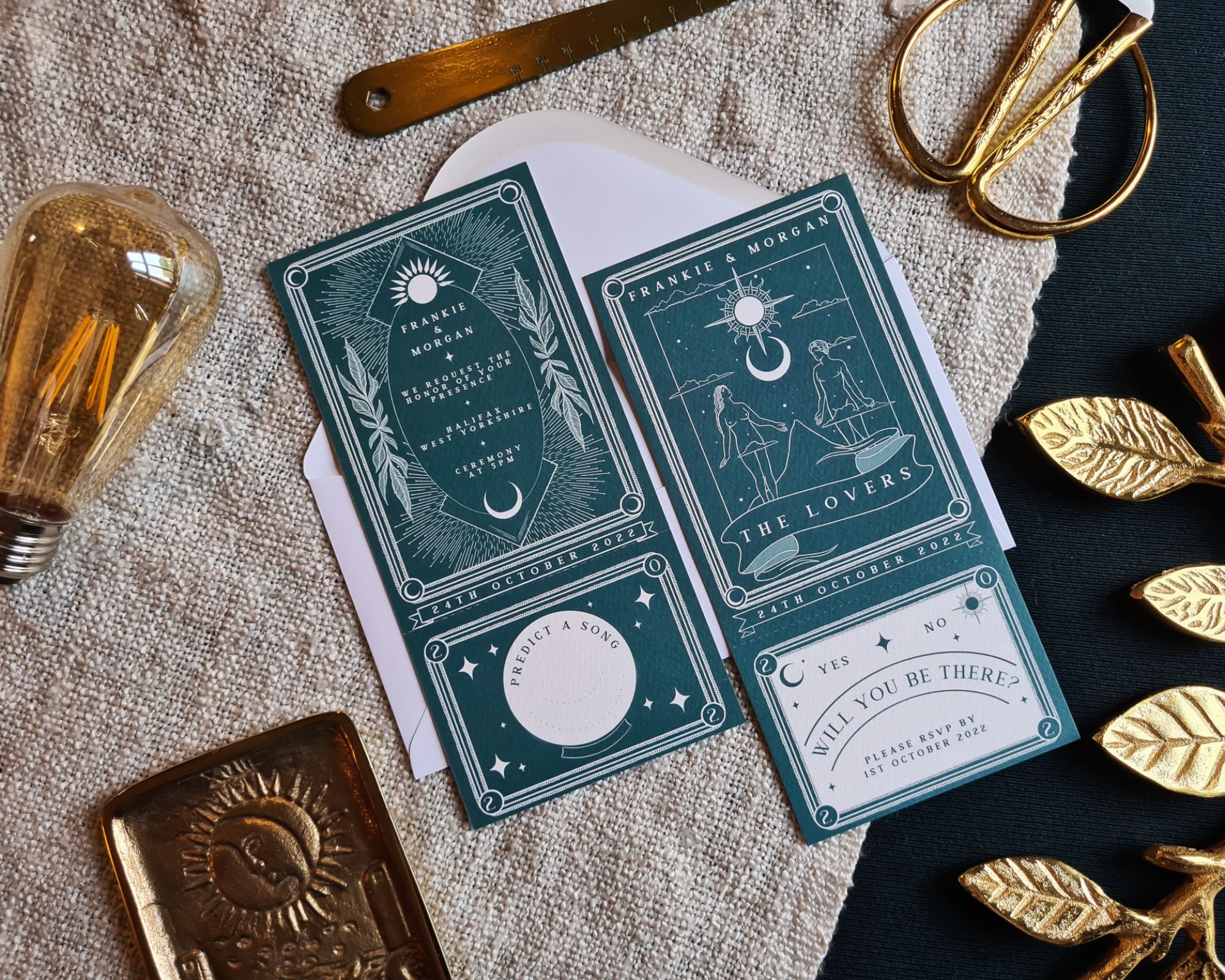 'The Lovers' Tarot Full Invitation with RSVP, customizable color, perforated RSVP, 280 GSM matte card.