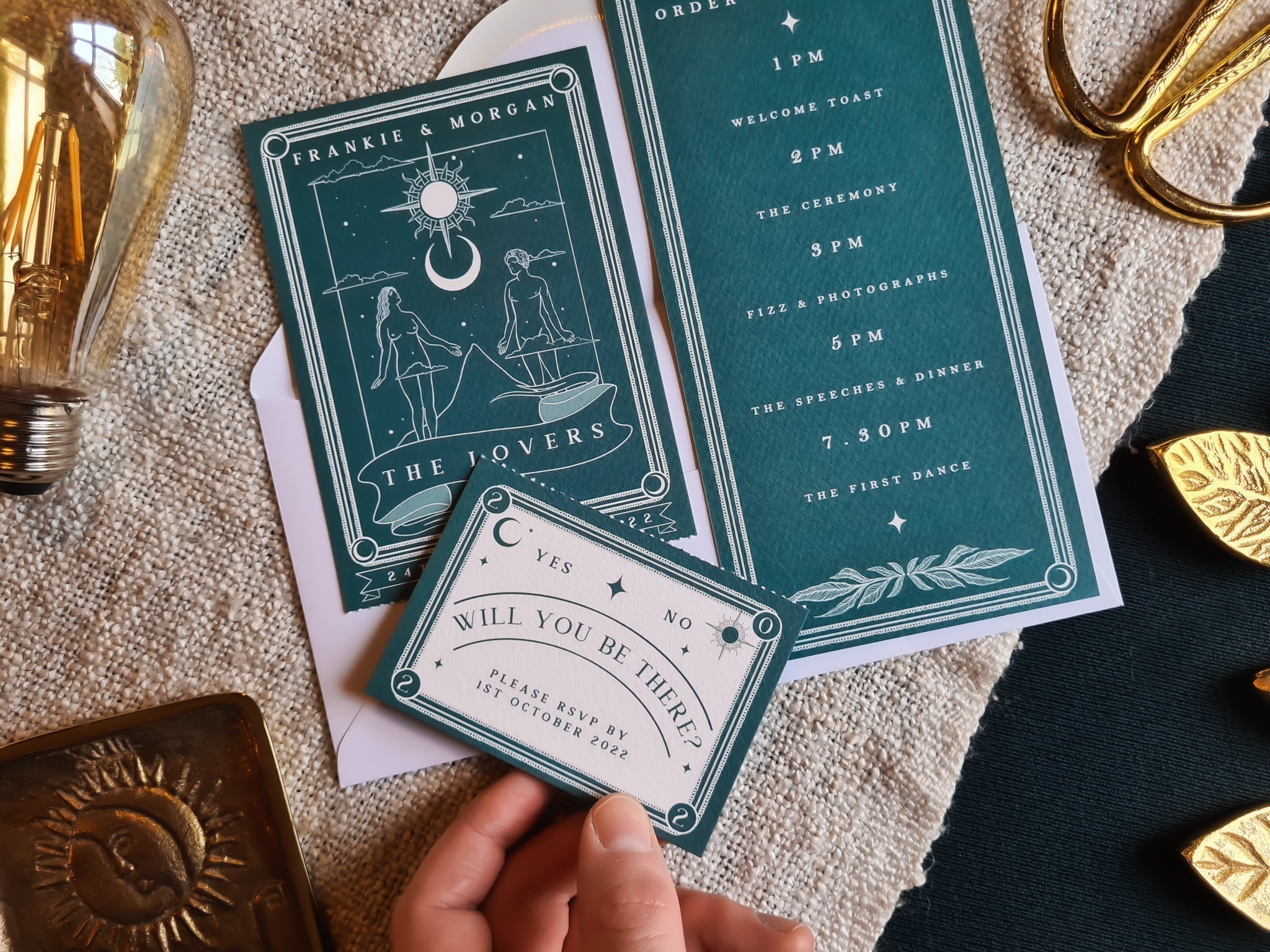 'The Lovers' Tarot Full Invitation with RSVP card set on textured fabric background.