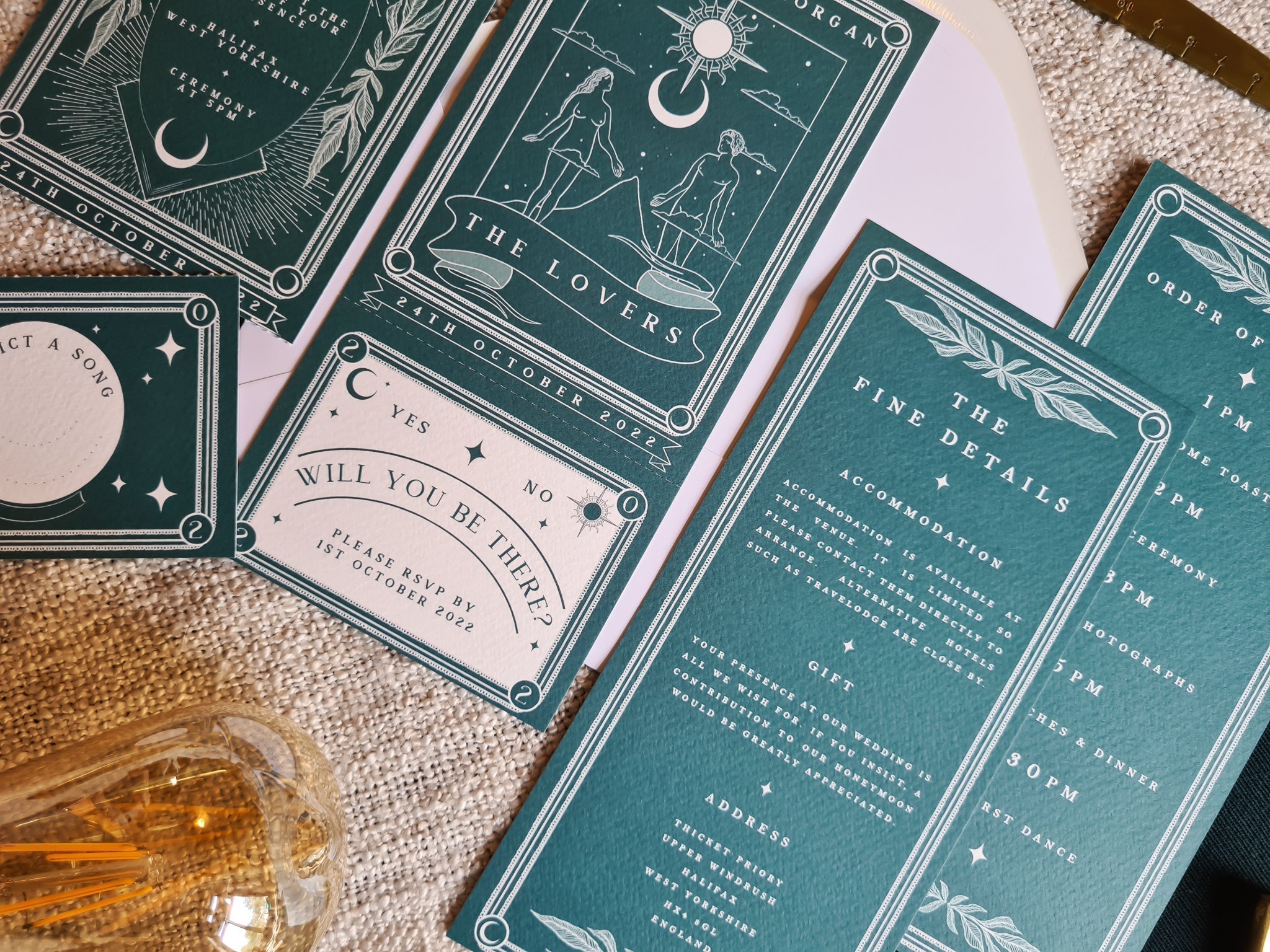 'The Lovers' Tarot Full Invitation with RSVP set featuring detailed card design and white envelopes.