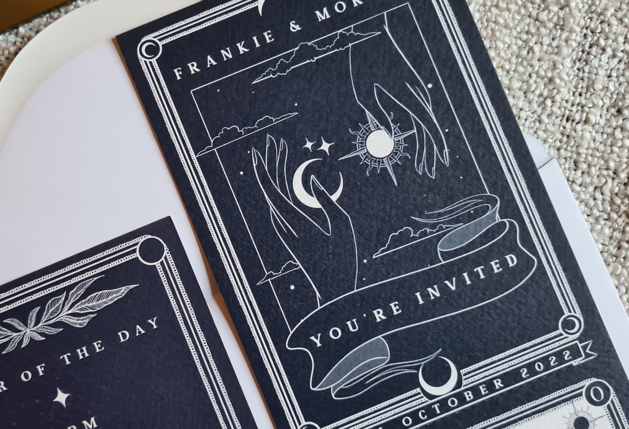 'Sun & Moon' Tarot Full Invitation with RSVP, dark design, illustrated with celestial elements, includes white envelope.