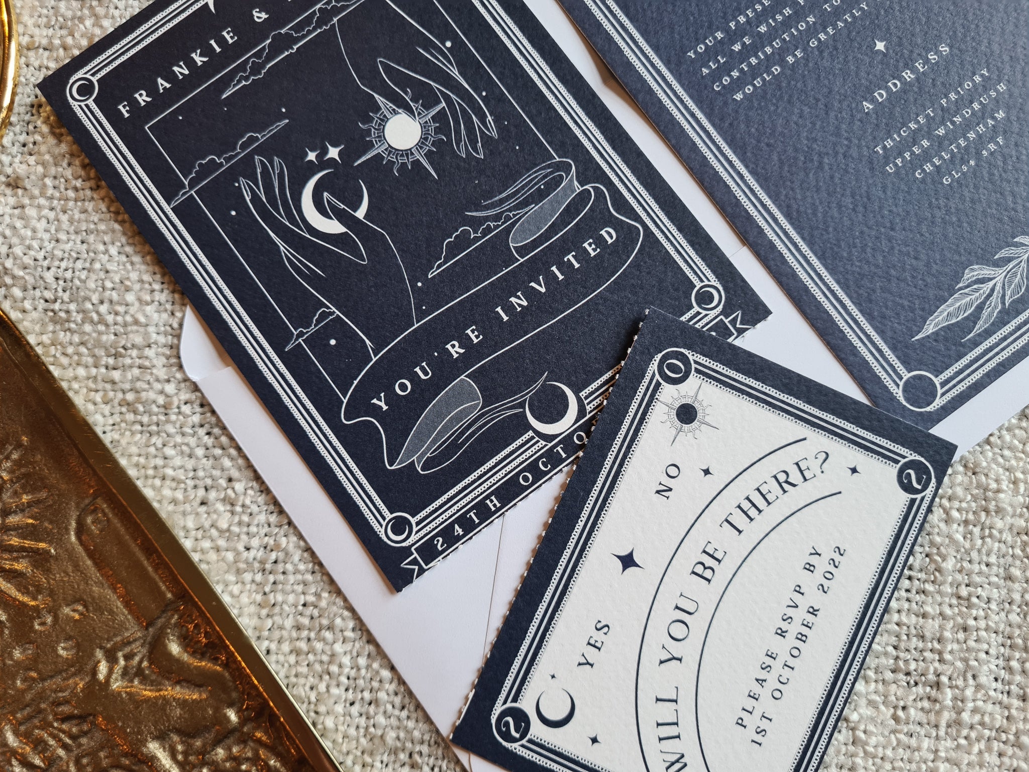'Sun & Moon' Tarot Full Invitation with RSVP cards on textured background.
