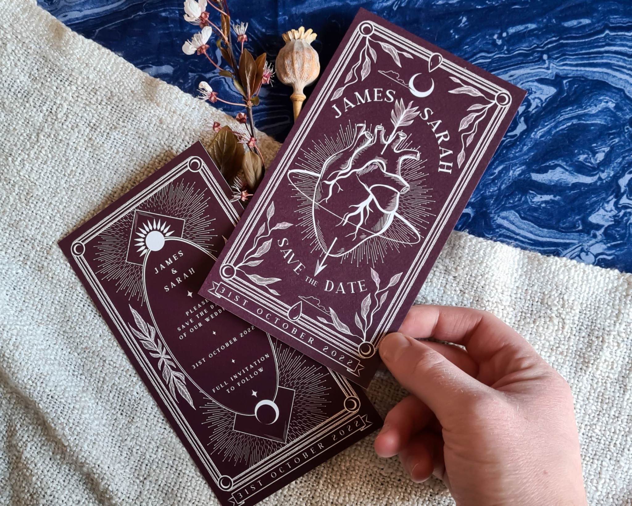 Bleeding Heart Tarot Save The Date Card with intricate design and customizable colors.