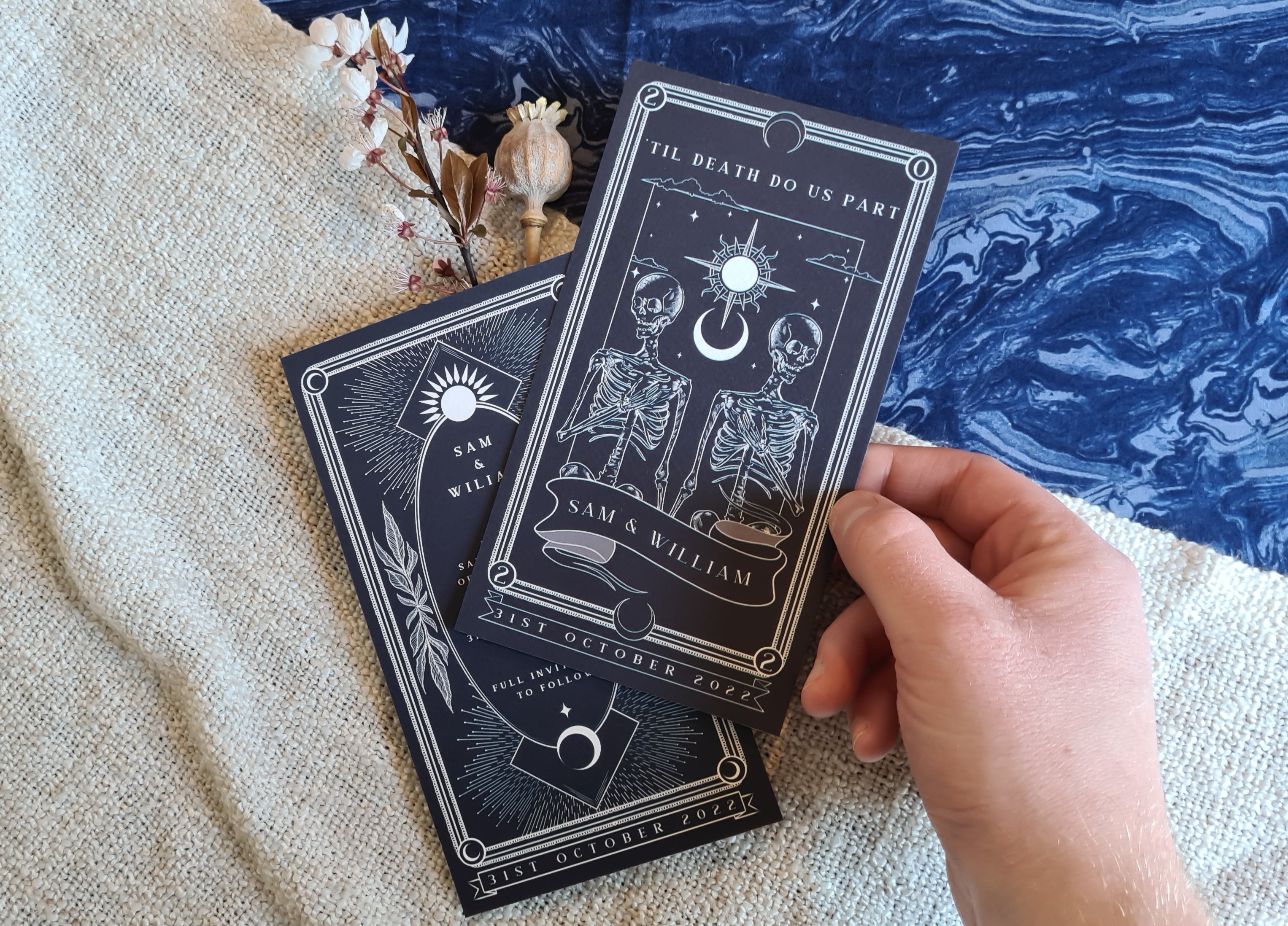 'Til Death Do Us Part' Tarot Save The Date Card with skeleton design, customizable colors, 280 GSM matte card, white envelopes included.