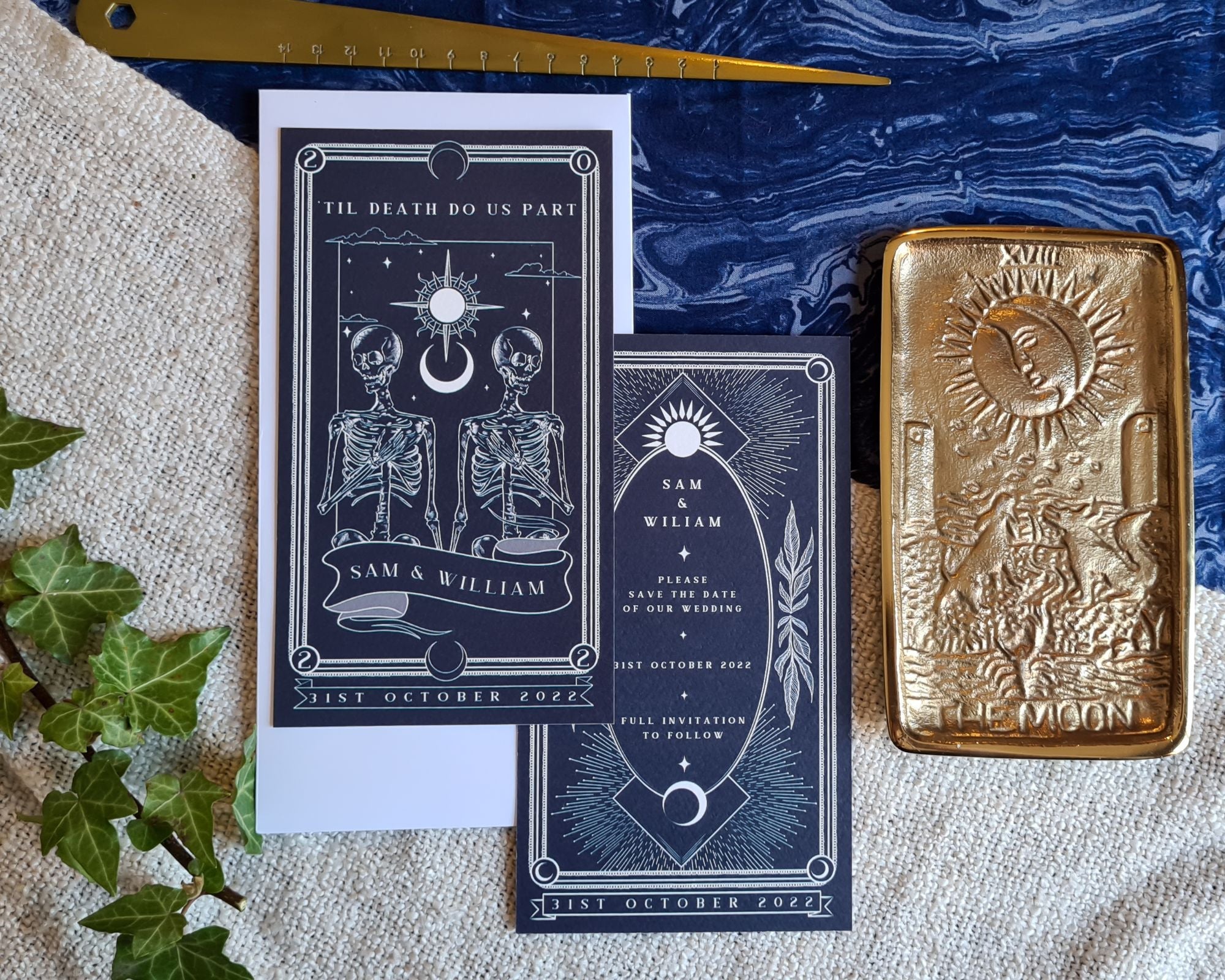 'Til Death Do Us Part' Tarot Save The Date Card with matching white envelopes and gold moon dish.