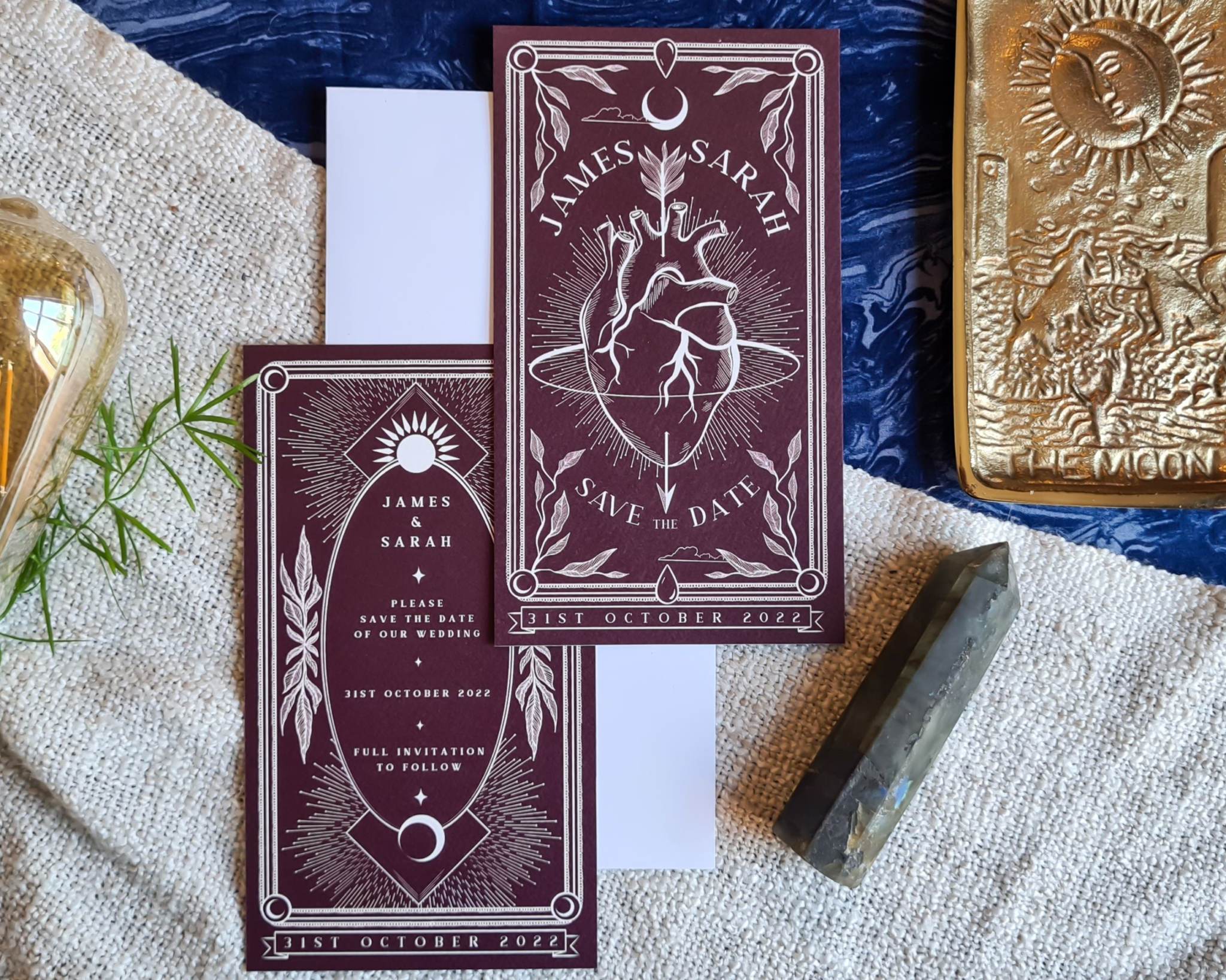 Bleeding Heart Tarot Save The Date cards with white envelopes, customizable colors, and 280 GSM matte finish.