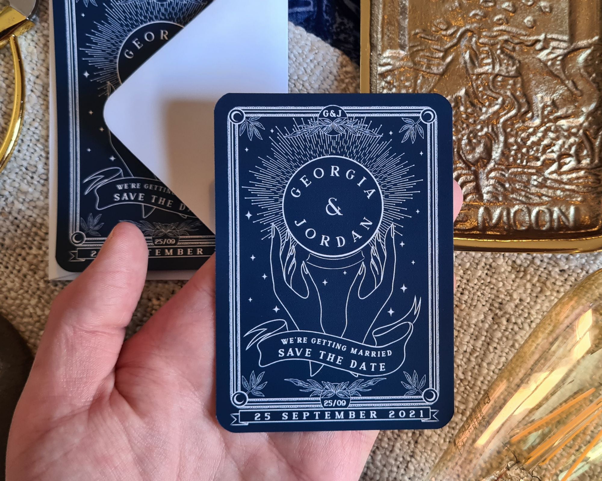 Crystal Ball Tarot Save The Date Mini Magnet with white envelope.