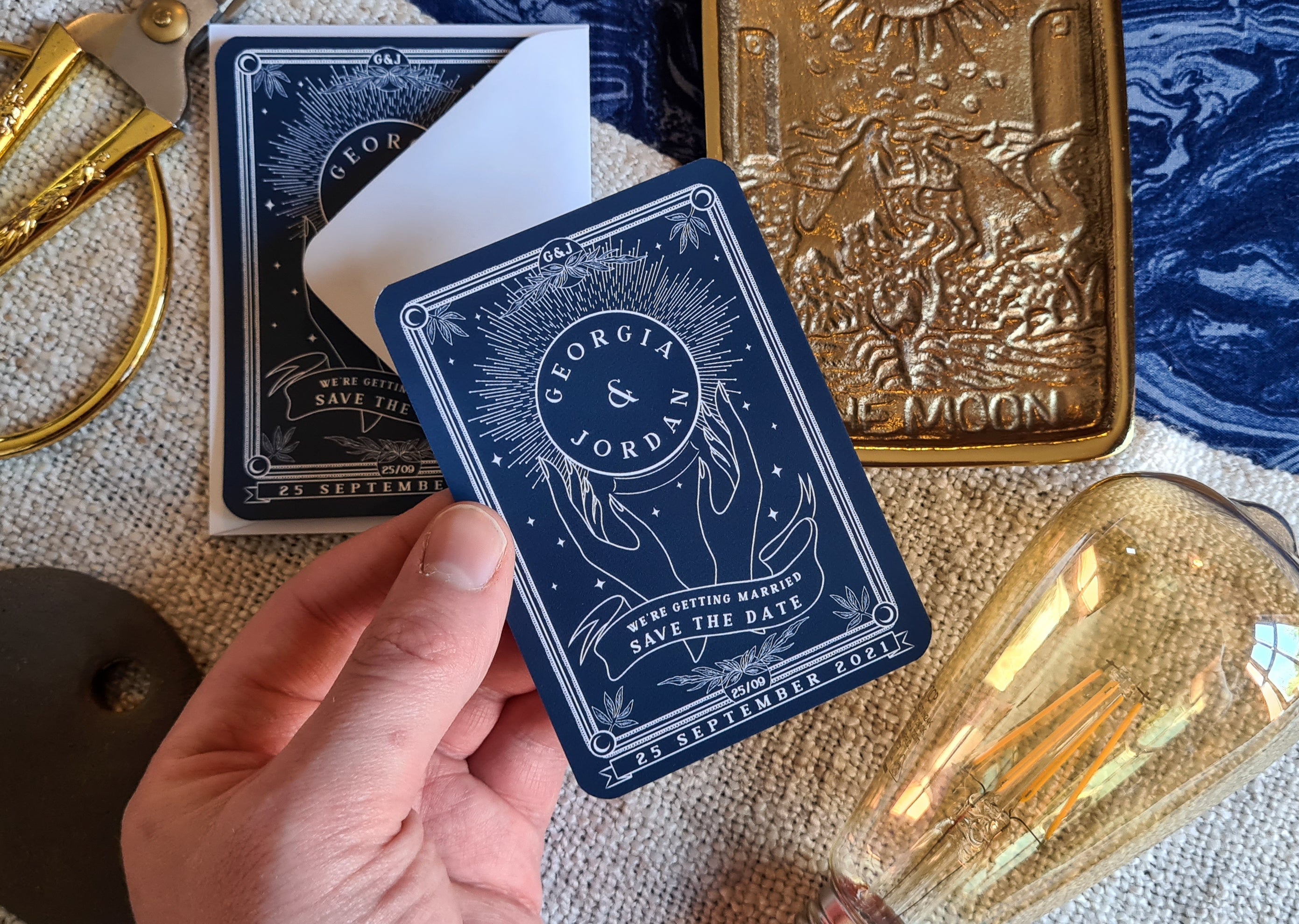 Crystal Ball Tarot Save The Date Mini Magnet with white envelope, A7 size, customizable colors.
