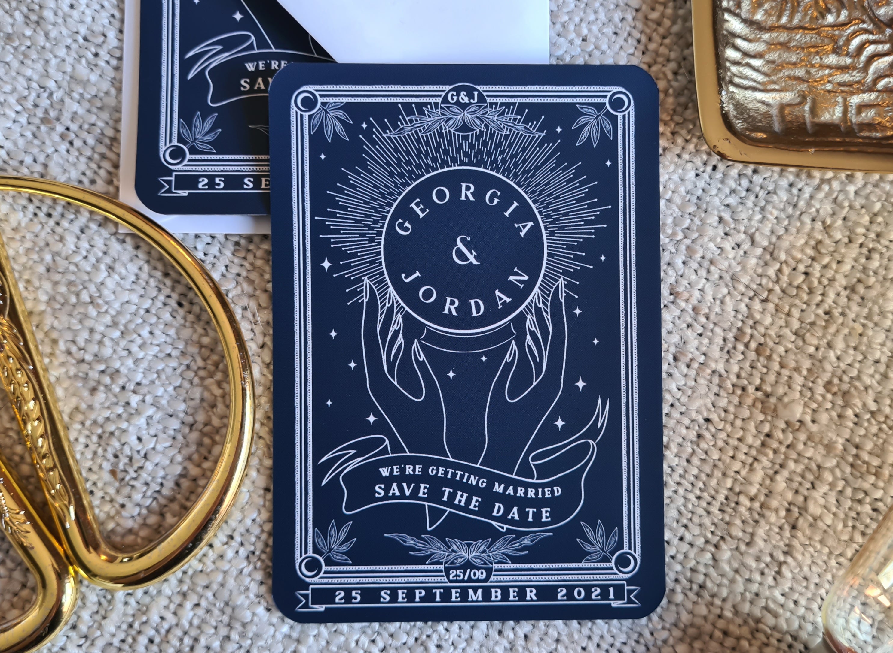Crystal Ball Tarot Save The Date Mini Magnet with customizable colors, displayed alongside white envelope.