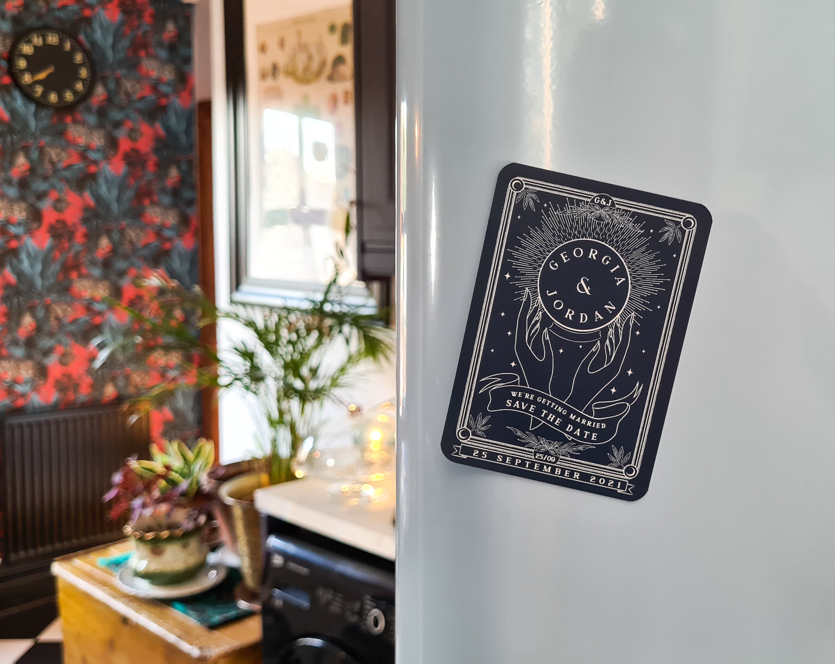 Crystal Ball Tarot Save The Date mini magnet on fridge with tarot design.