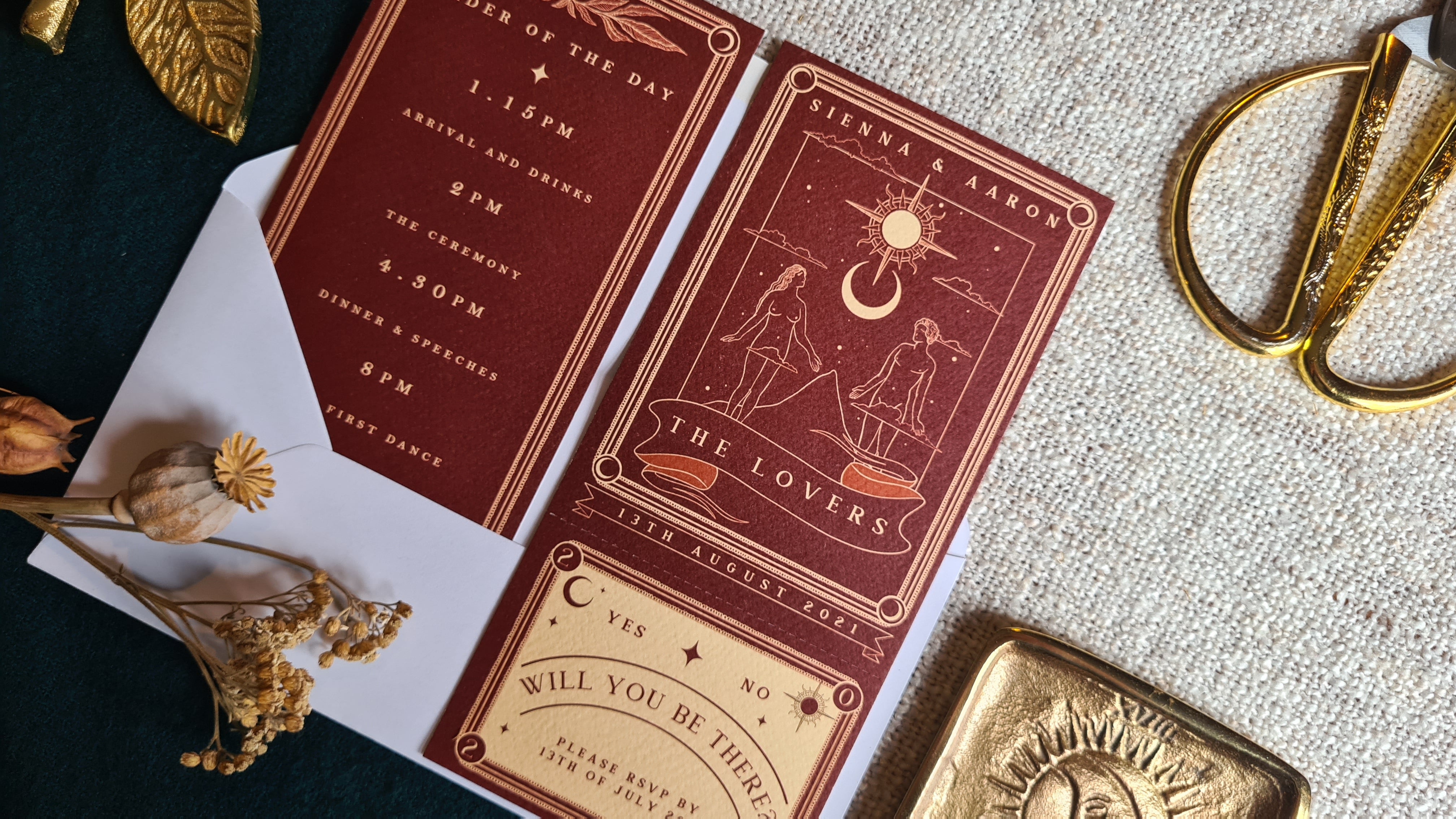 The Lovers Tarot Full Invitation with RSVP in rustic design with white envelope and RSVP tear-off section.