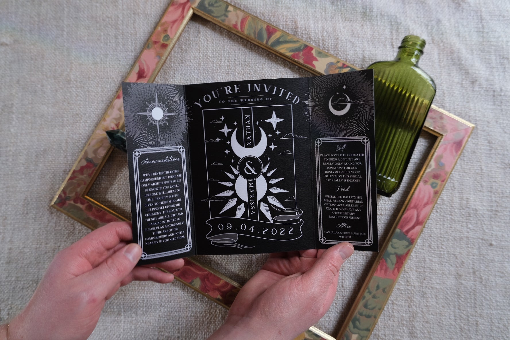 Dusk & Dawn Gatefold Wedding Invitation on textured card with celestial design, customizable colors.