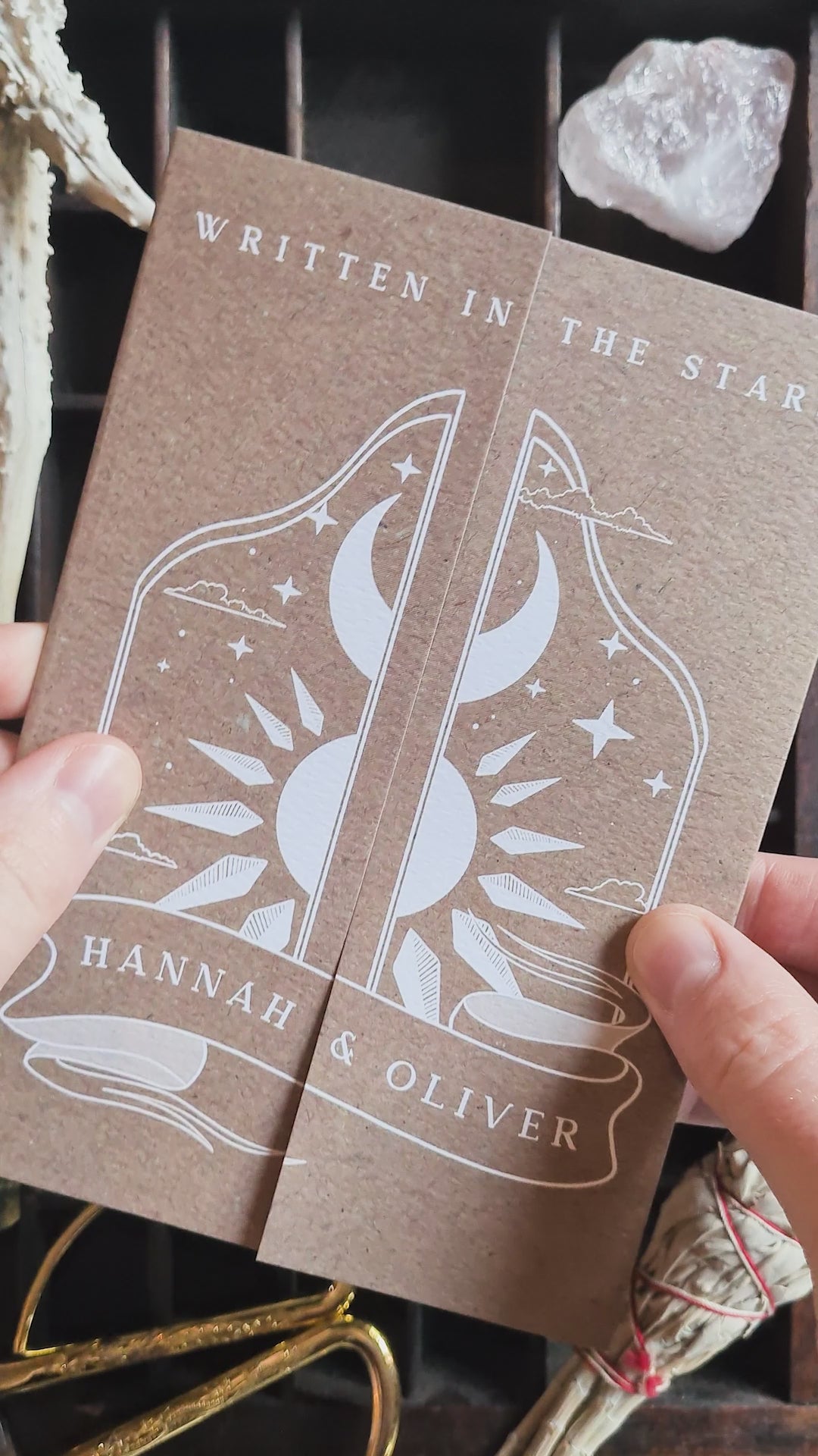 Dusk & Dawn wedding invitation set featuring tarot-inspired design with elegant illustrations.