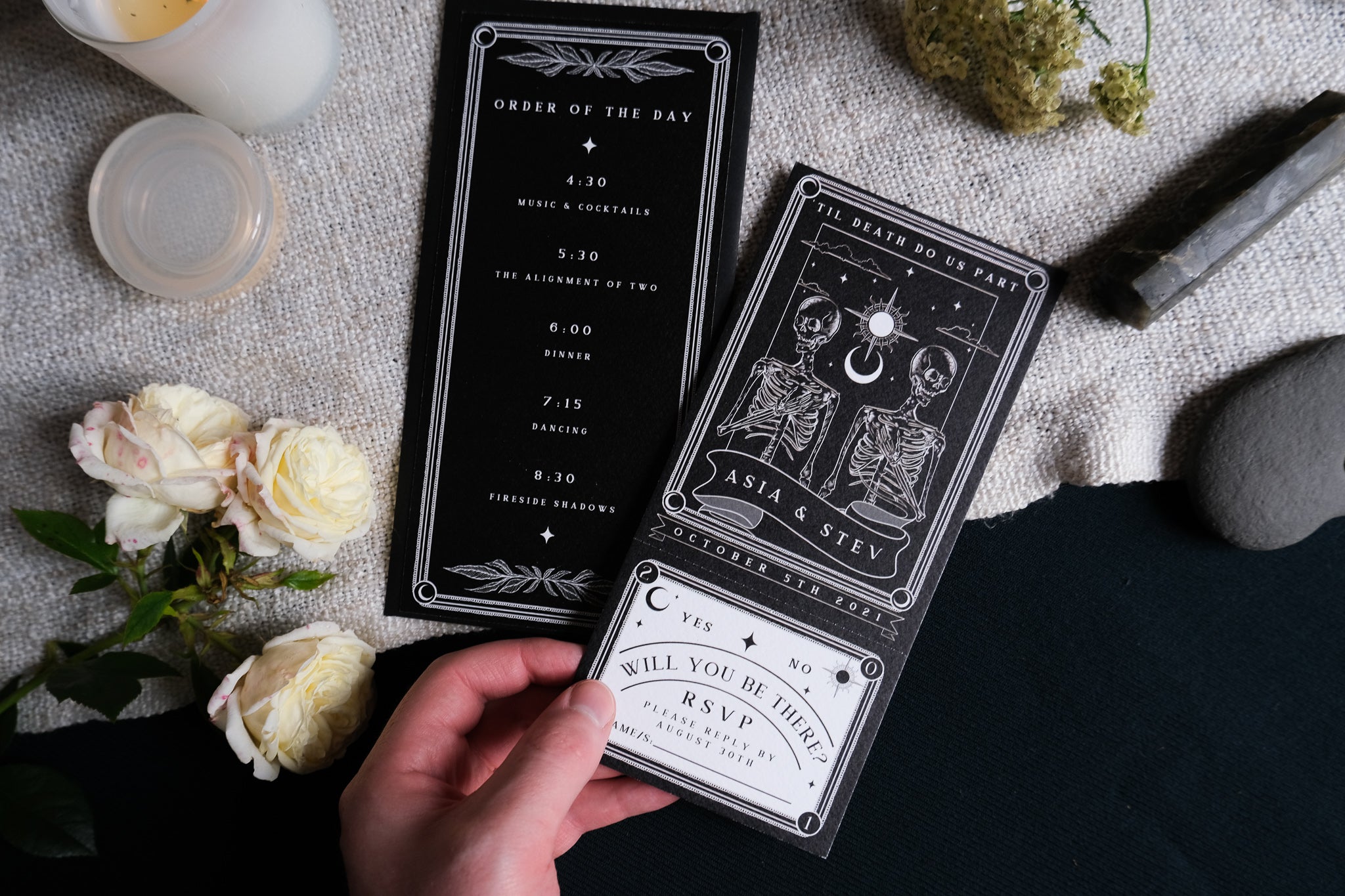 'Til Death Do Us Part' Tarot Full Invitation with RSVP in black and white, featuring skeleton design and order of the day details.
