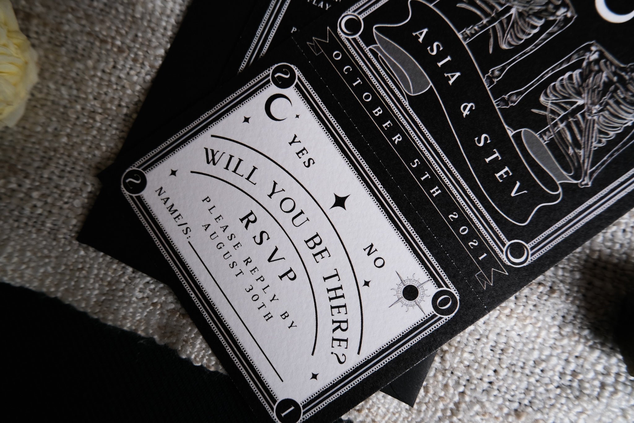 'Til Death Do Us Part' Tarot Full Invitation with RSVP featuring detailed black and white design, perforated RSVP section, and customizable colors.