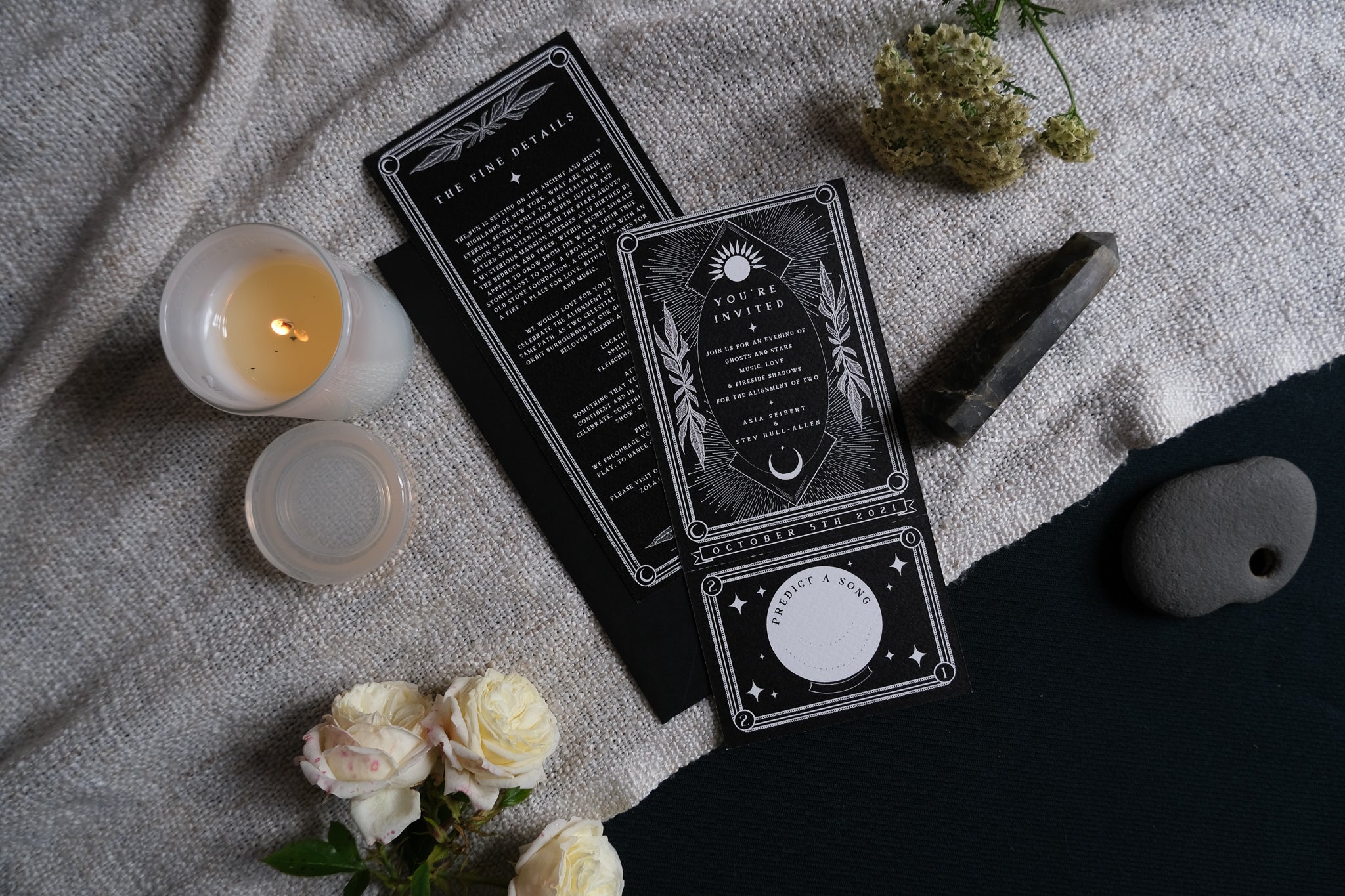 'Tarot-inspired wedding invitation with RSVP card, matte card, and white envelopes included, featuring customizable colors and perforated RSVP section.'