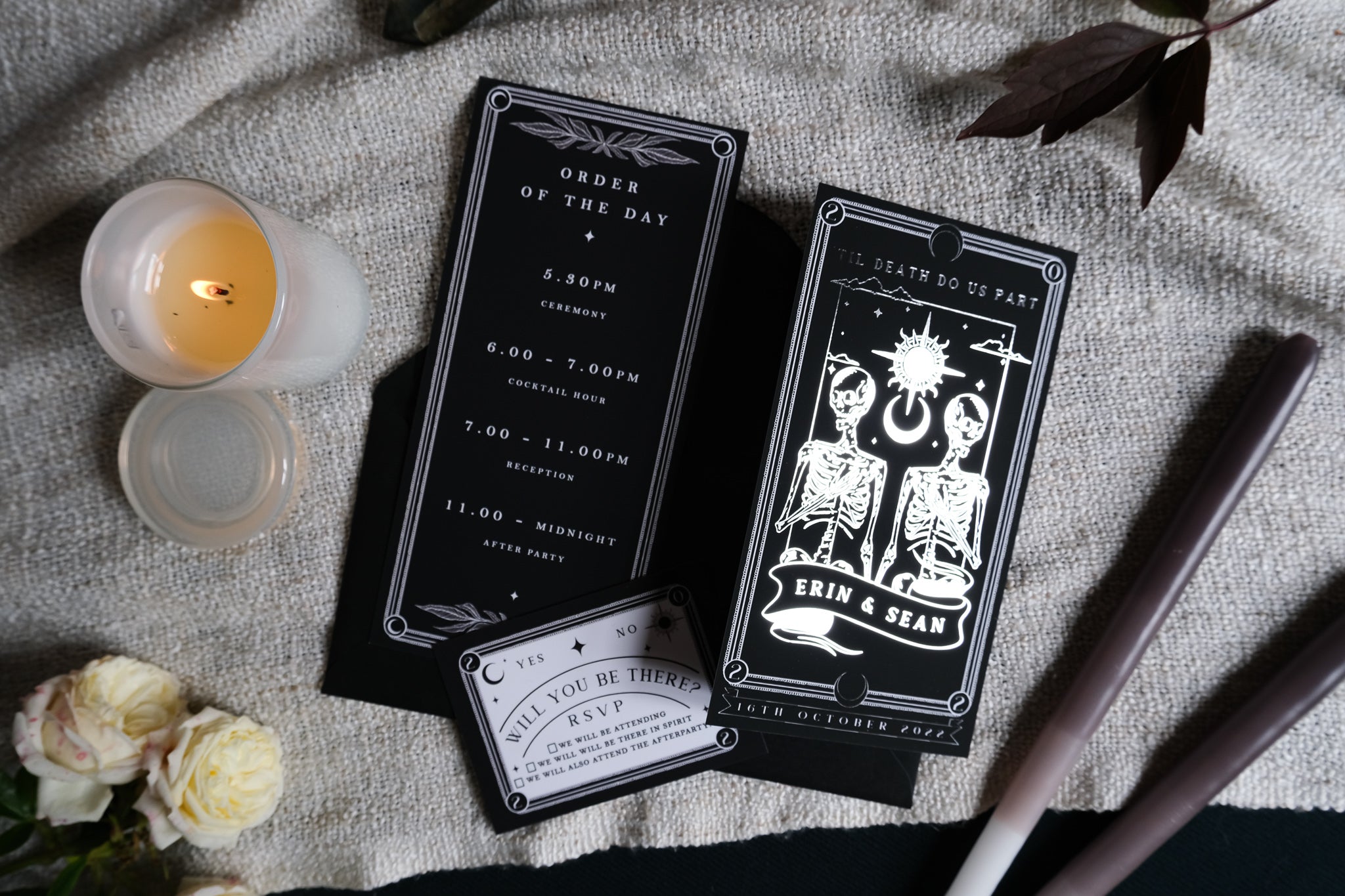 'Part' Foiled Tarot Card 3 Piece Invitation Suite with skeleton design, includes Order of the Day and RSVP cards, customized colors available.