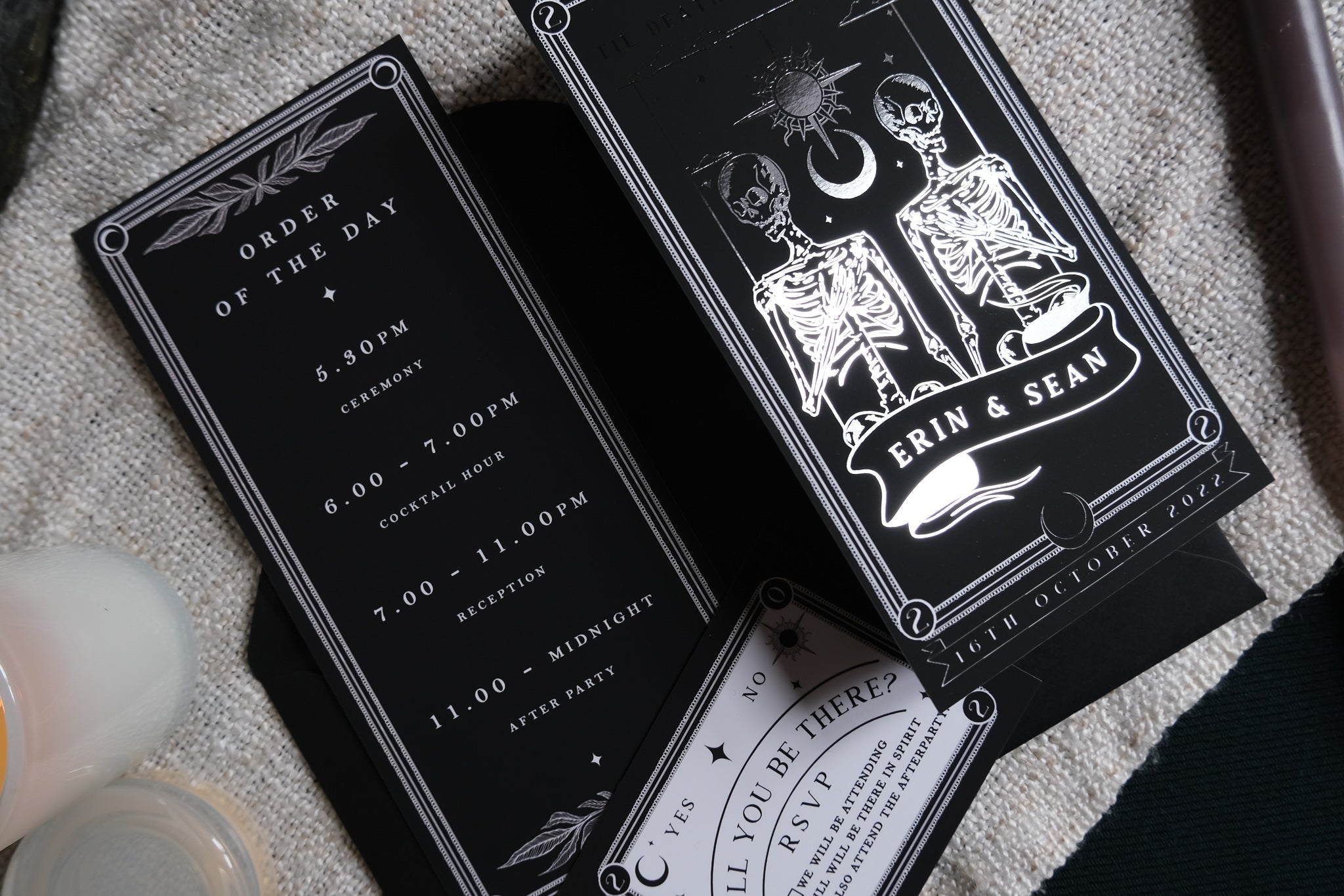'Til Death Do Us Part' Foiled Tarot Card 3 Piece Invitation Suite with custom colors, featuring tarot design, event details, and RSVP options.