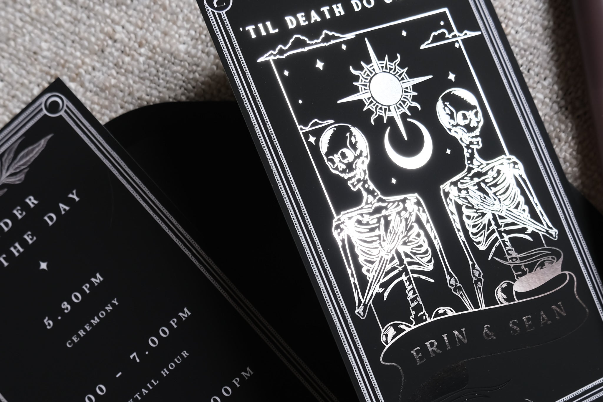'Til Death Do Us Part' Foiled Tarot Card 3 Piece Invitation Suite with intricate skeleton design on high-quality velvet paper.