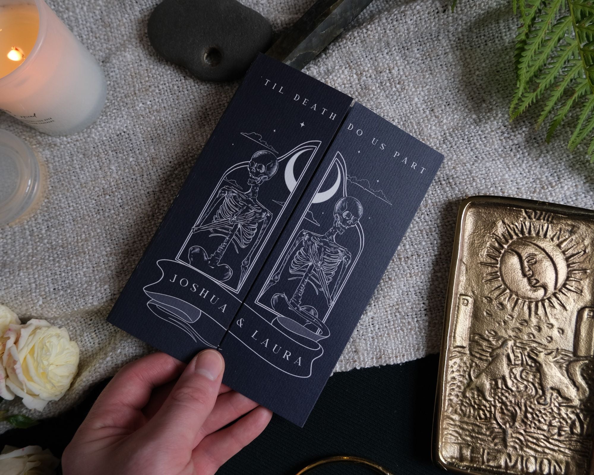 Part Gatefold Wedding Invitation with skeleton design, customizable colors, and 250 GSM matte card.