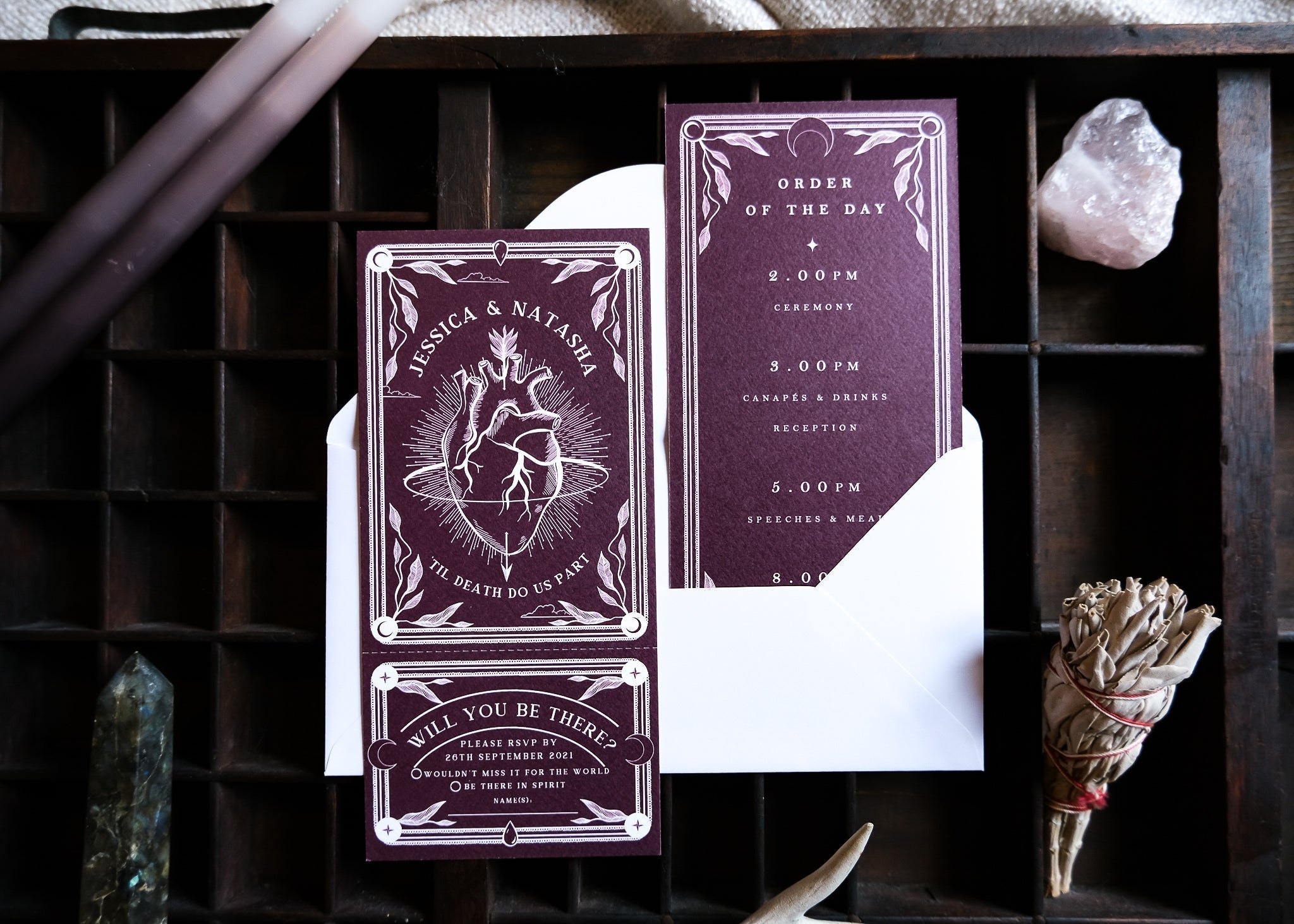 'Bleeding Heart' Tarot Full Invitation with RSVP Options on display with white envelopes, featuring intricate card designs.
