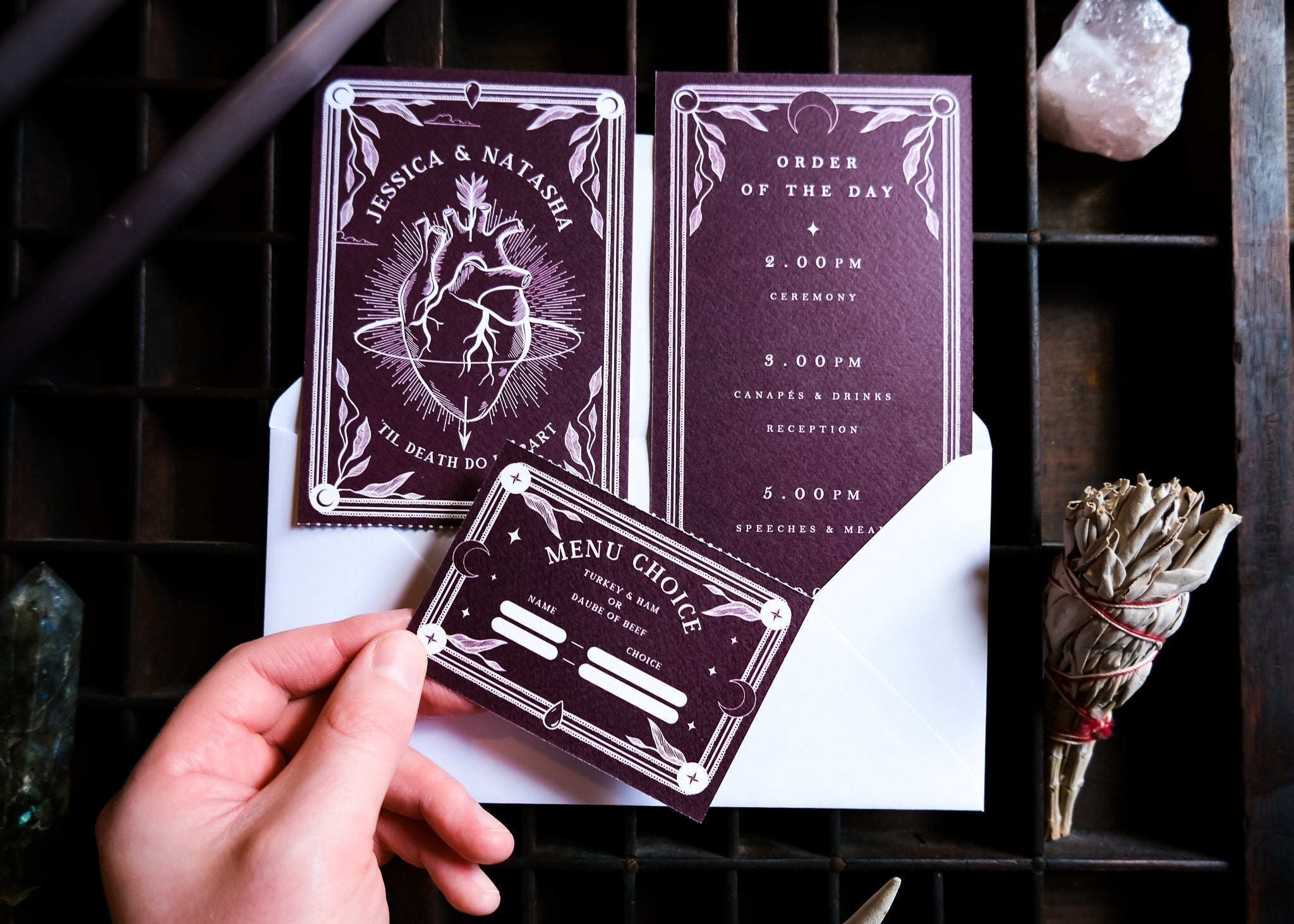 'Bleeding Heart' Tarot Full Invitation with RSVP Options, featuring elegant design, white envelopes, and customizable RSVP menu.
