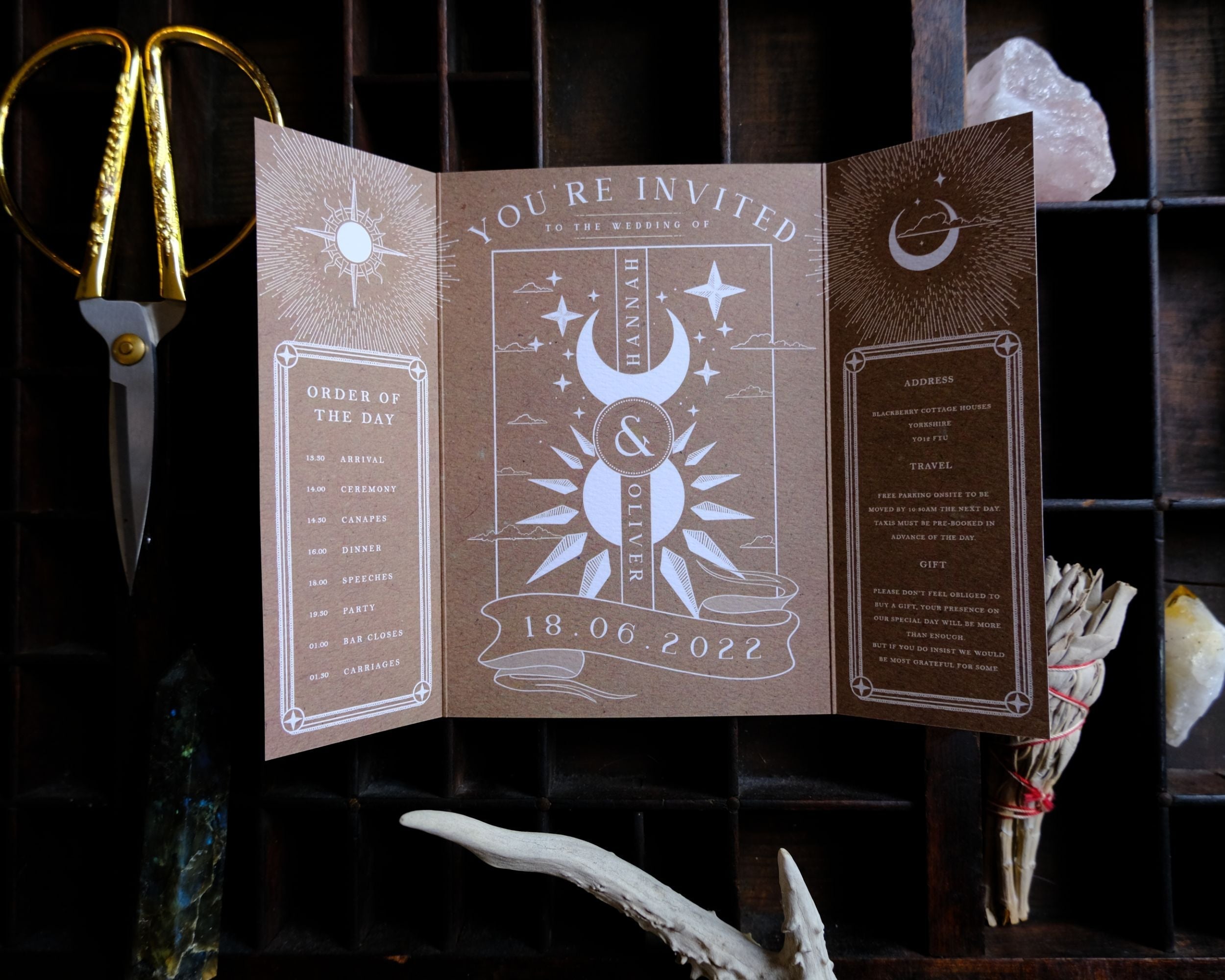 'Dusk & Dawn' Gatefold Wedding Invitation with celestial design and customizable colors, 5x7 inches folded, 250 GSM matte card.