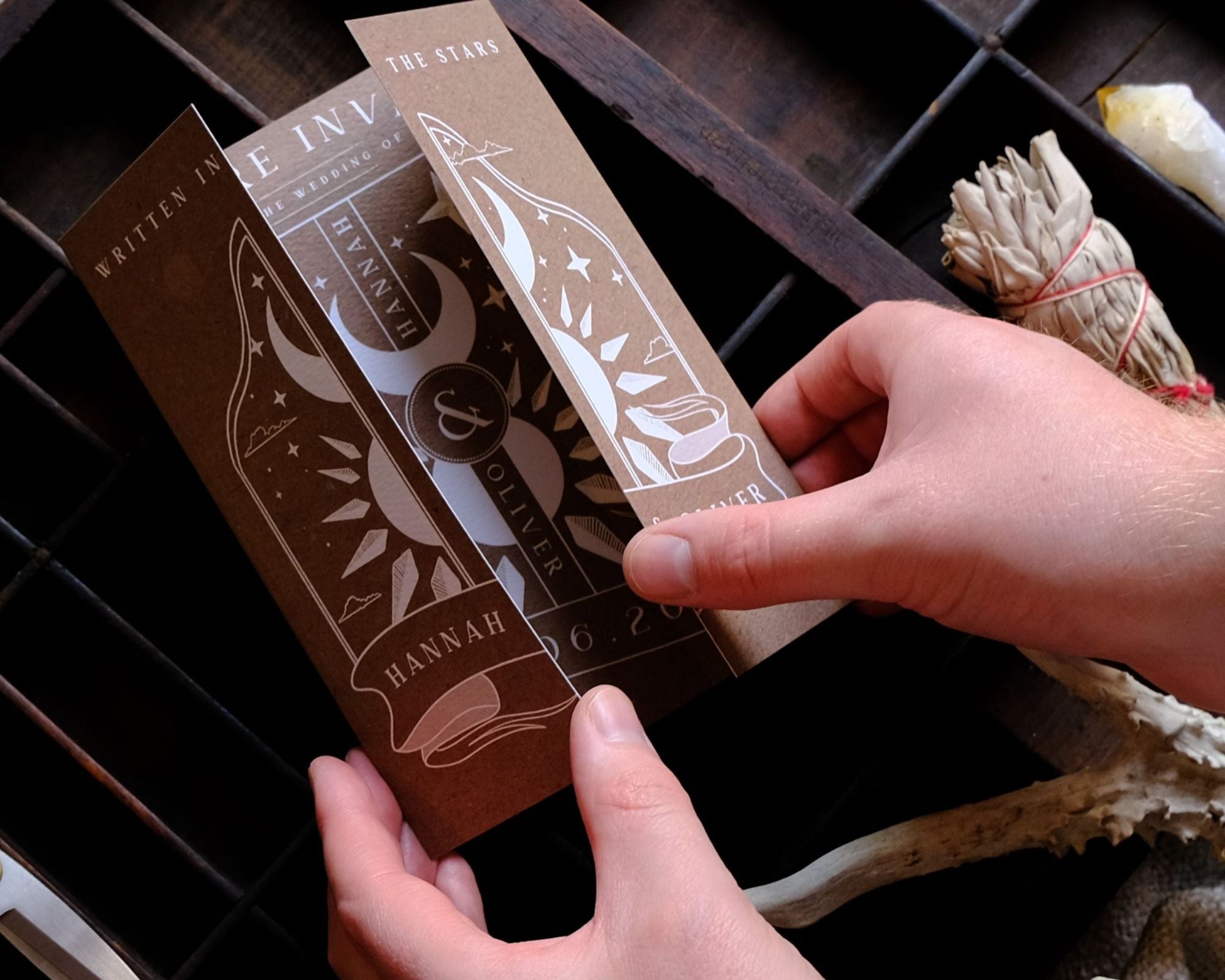 Dusk & Dawn Gatefold Wedding Invitation with white envelopes, customizable colors, 250 GSM matte textured card.