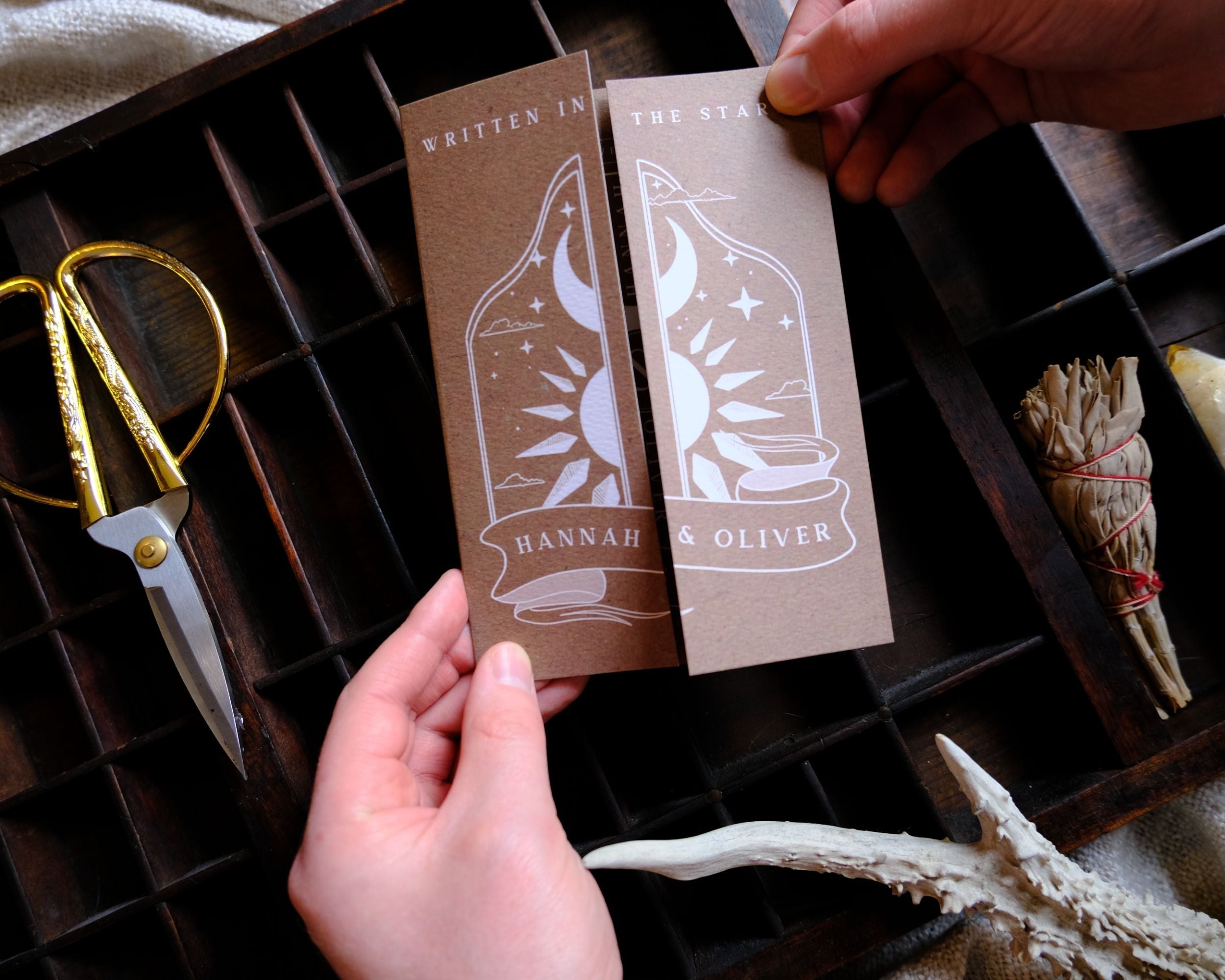 Dusk & Dawn Gatefold Wedding Invitation with celestial design being opened.