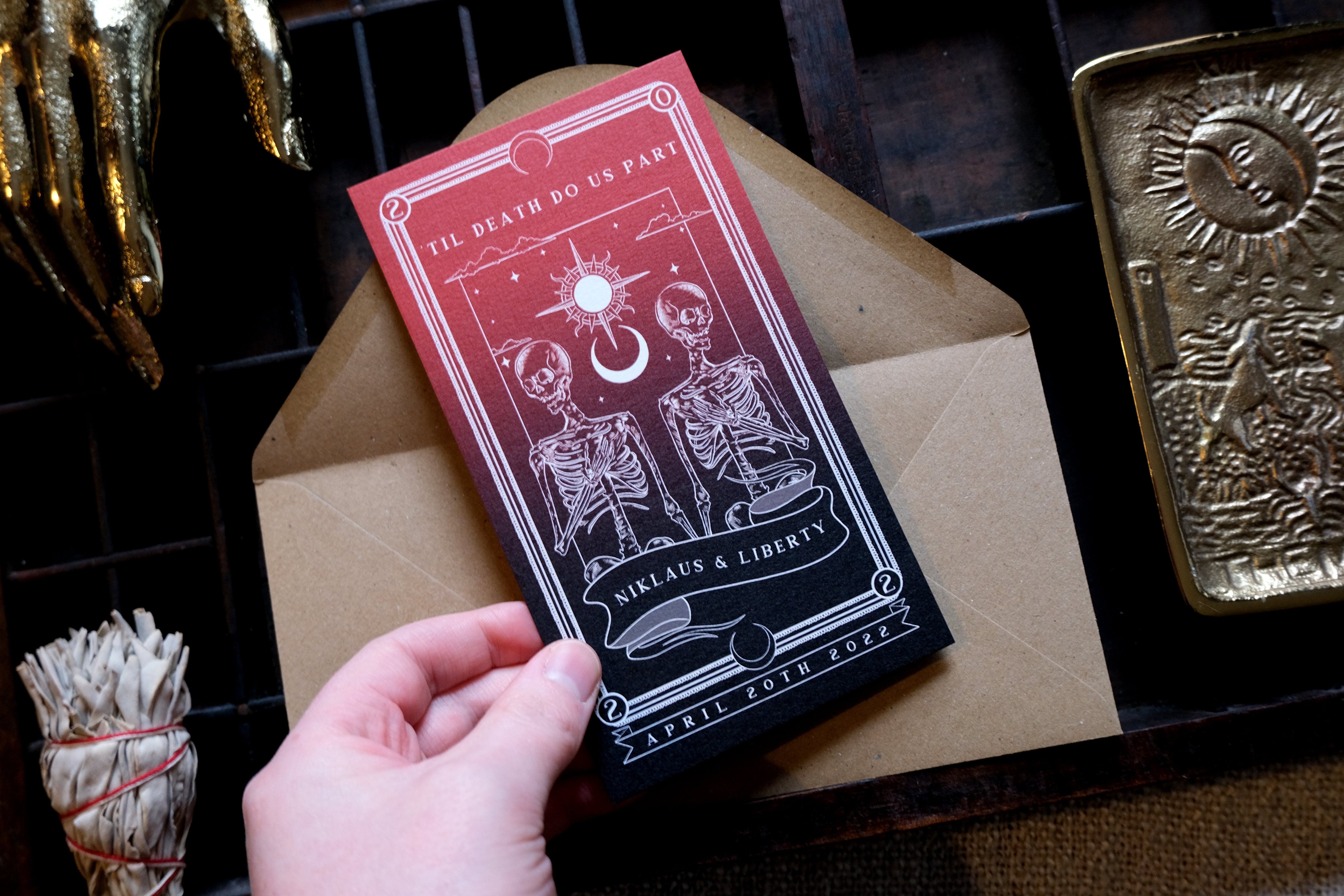 'Til Death Do Us Part' Tarot Save The Date card with skeleton design, includes white envelope.