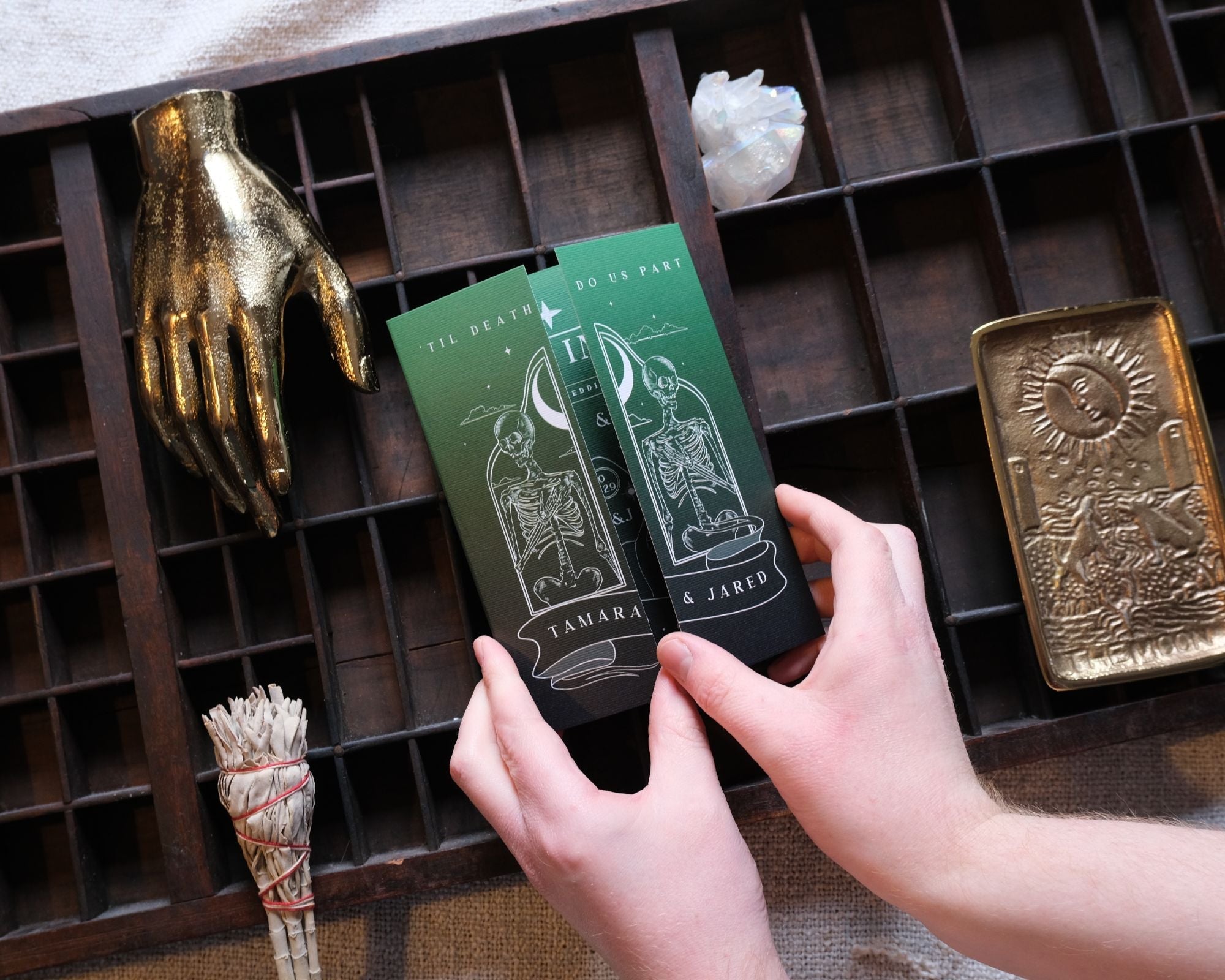 Gatefold wedding invitation with 'Til Death Do Us Part' design, shown with black and green gradient finish.